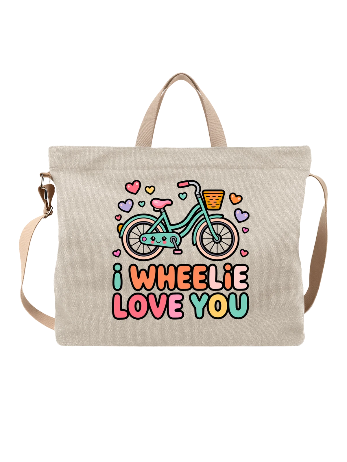 Сумка бежевая с принтом Милый велосипед I Wheelie Love You — kawaii арт — Бежевая, фото 1