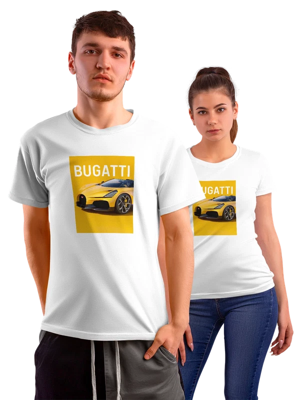 Футболка Bugatti желтый спорткар стильный принт — Белая, фото 1