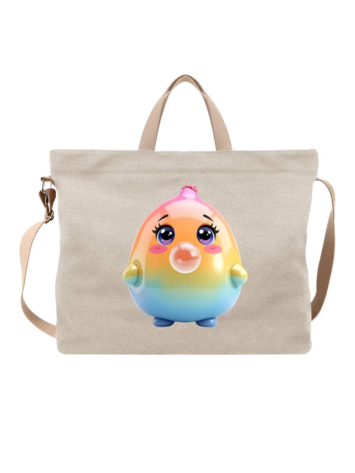 Сумка бежевая с принтом Милый мультяшный цыпленок с пузырем жвачки — kawaii — Бежевая, фото 1