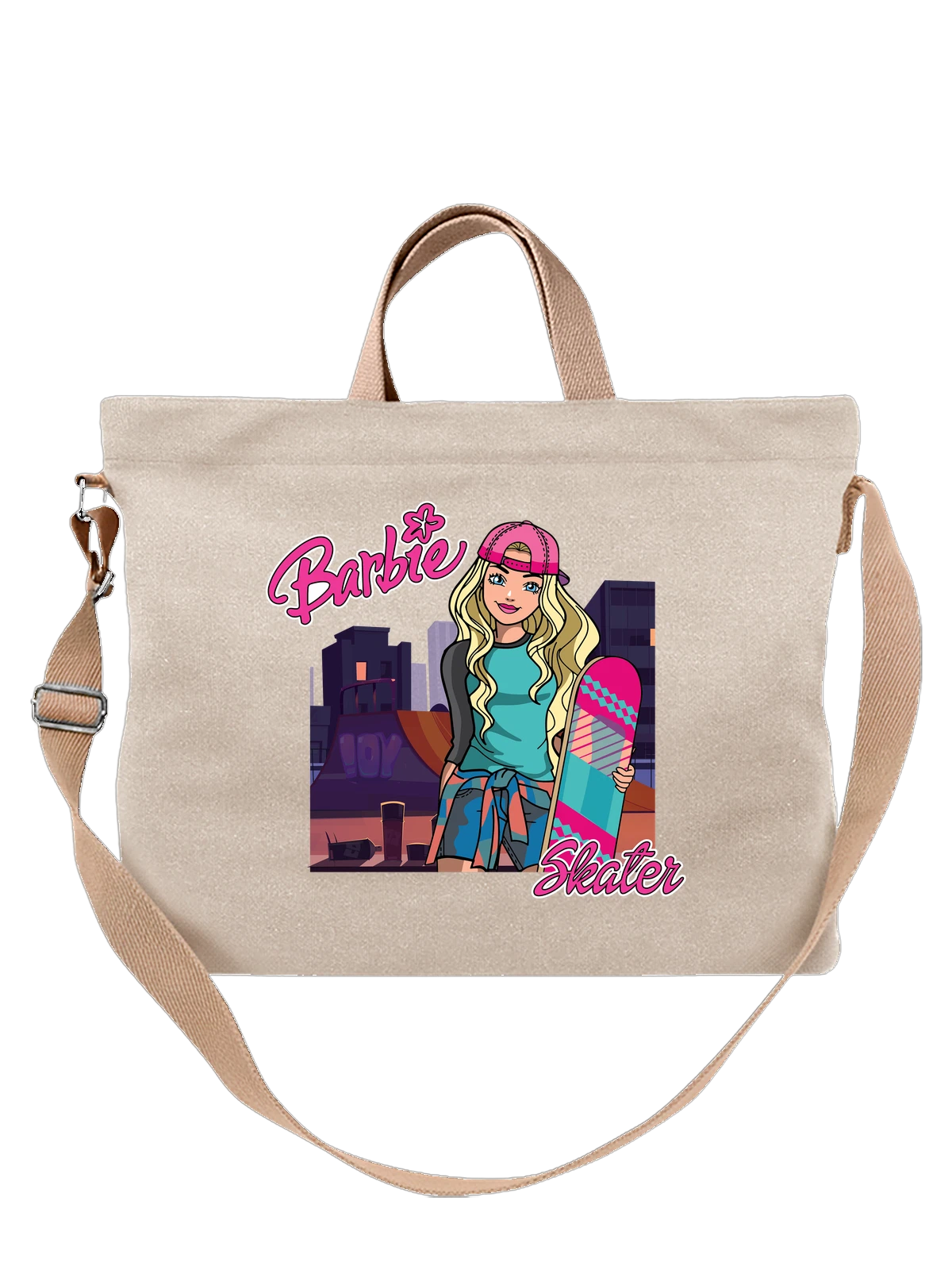 Сумка бежевая с принтом Barbie Барби скейтбордистка в розовой кепке — доска для скейтборда — Бежевая, фото 1