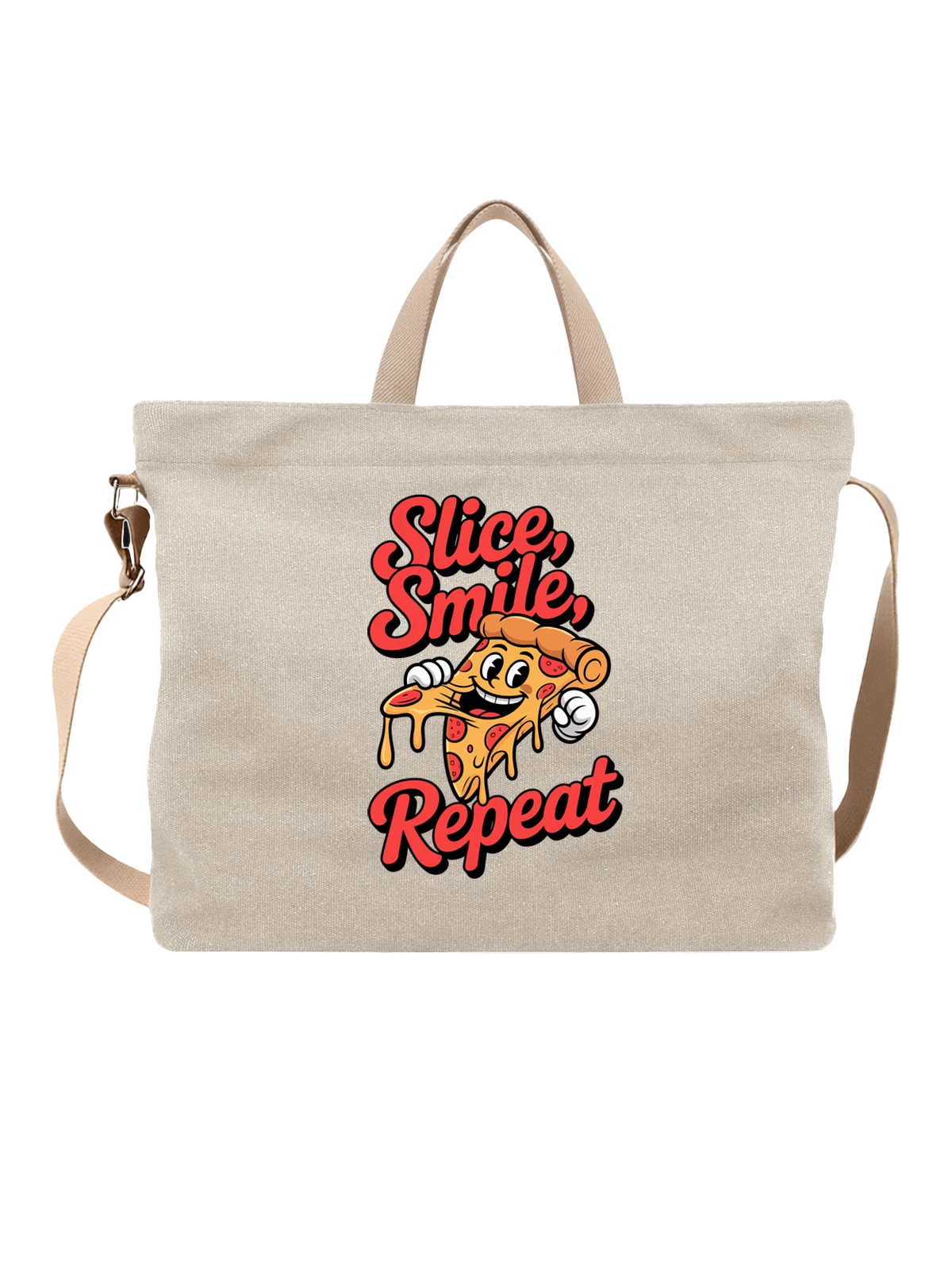 Сумка бежевая с принтом Смайлик пицца с надписью Slice Smile Repeat — сырный кусок — Бежевая, фото 1
