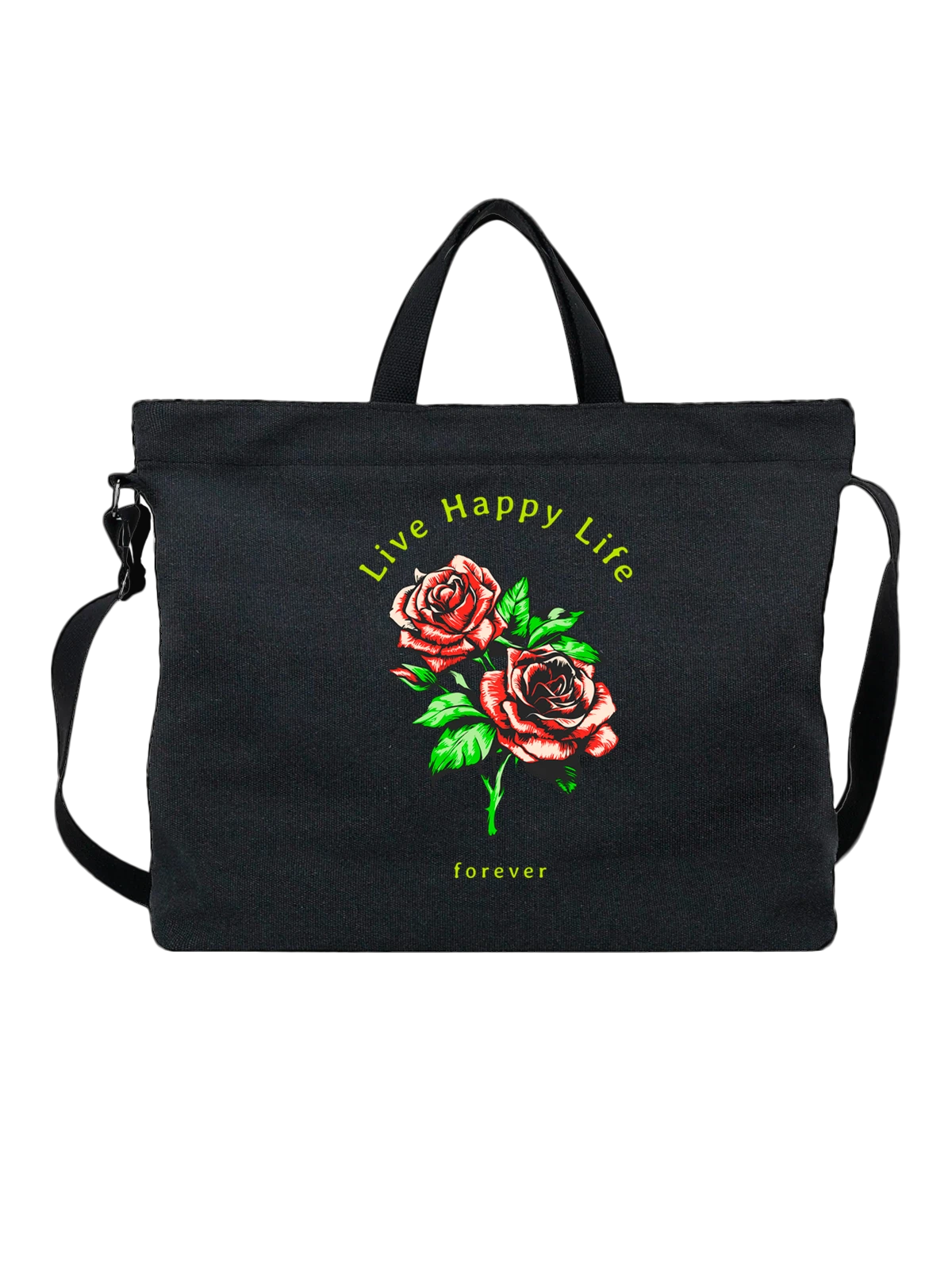 Сумка с розами live happy life чёрная с принтом — флористика — Чёрная, фото 1