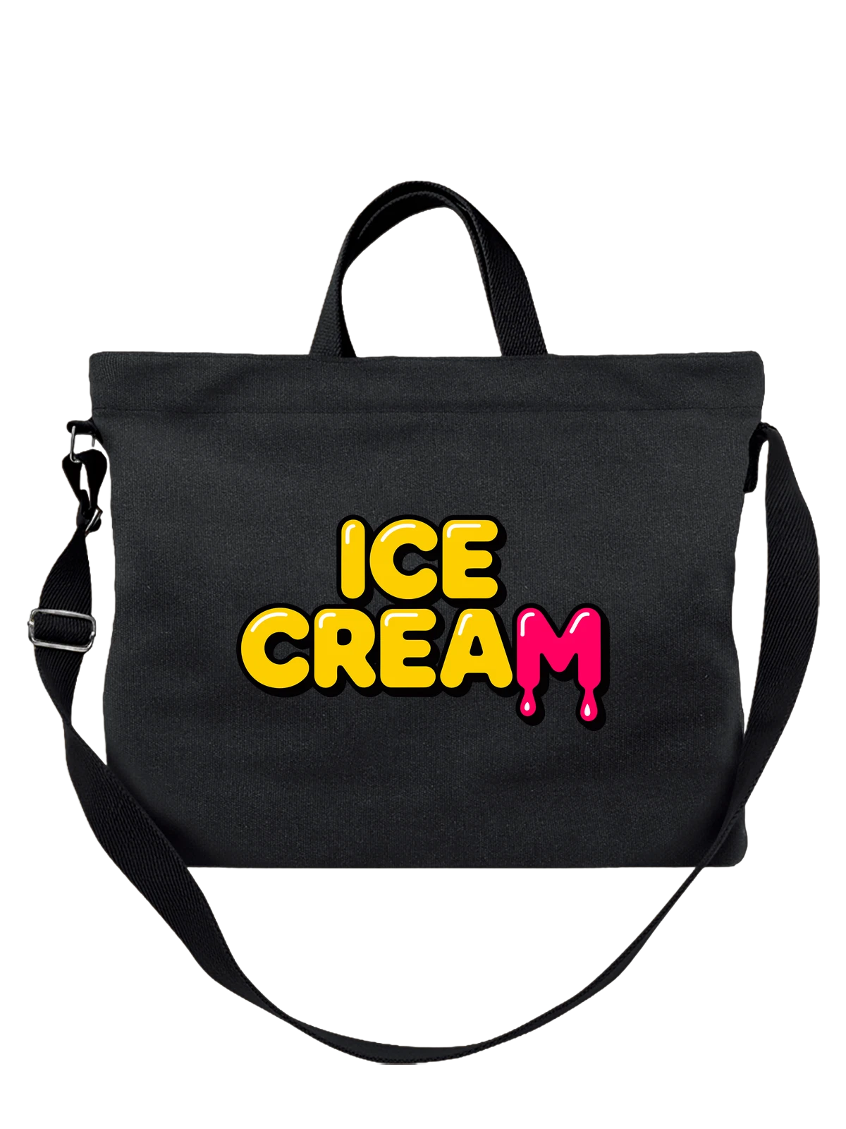 Сумка чёрная с принтом ICE CREAM неоновая надпись с тающим М — желтые буквы — Чёрная, фото 1