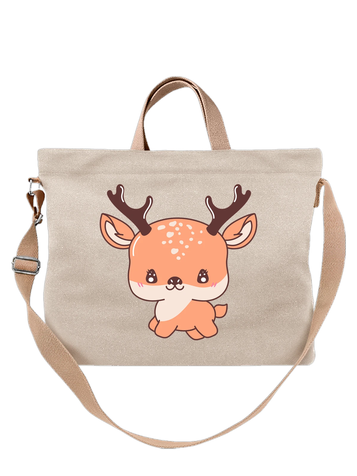 Сумка бежевая с принтом Кавайный мультяшный олененок — cartoon deer — Бежевая, фото 1