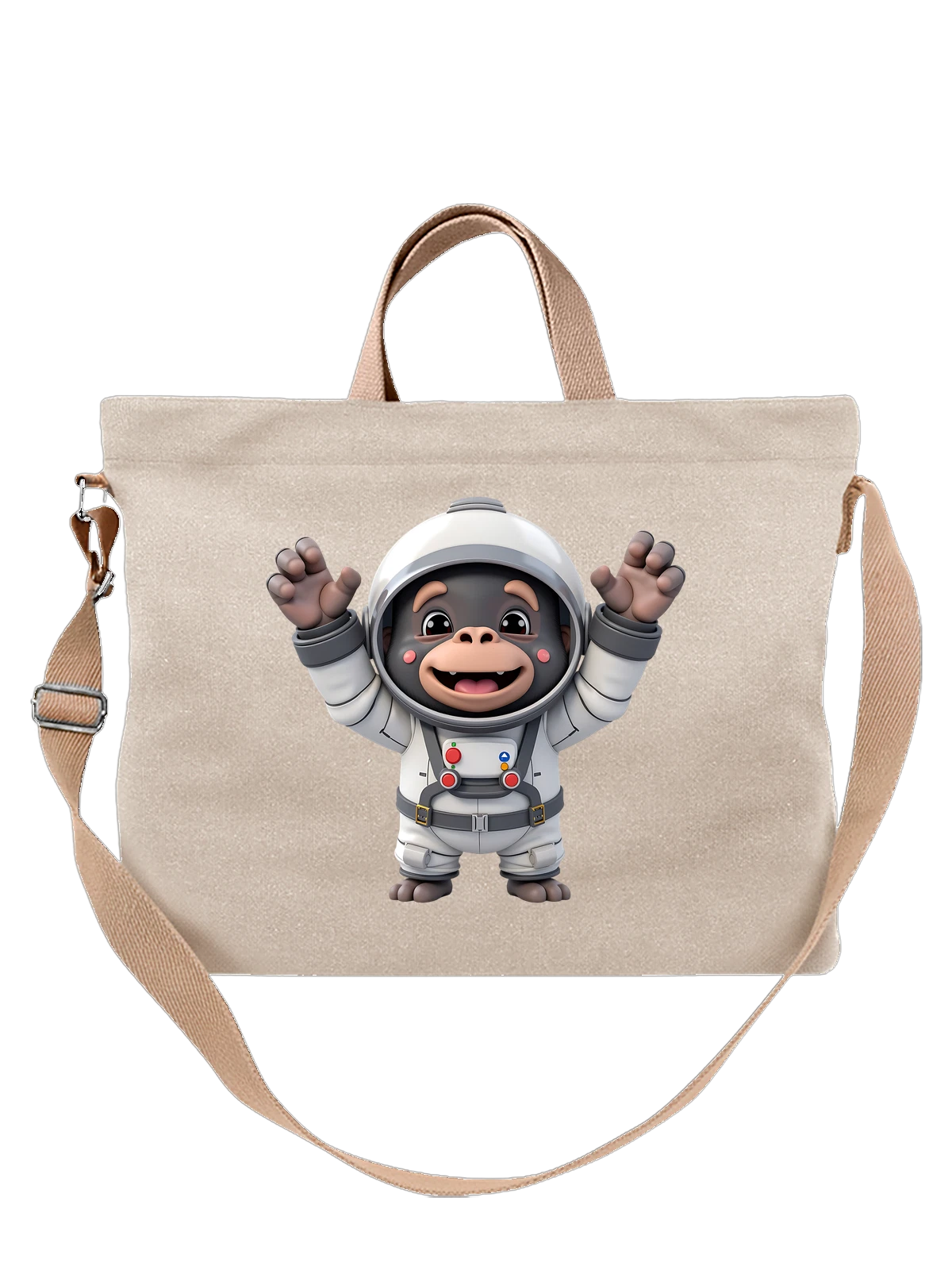 Сумка бежевая с принтом Обезьяна в белом космическом скафандре — шлем космонавта — Бежевая, фото 1