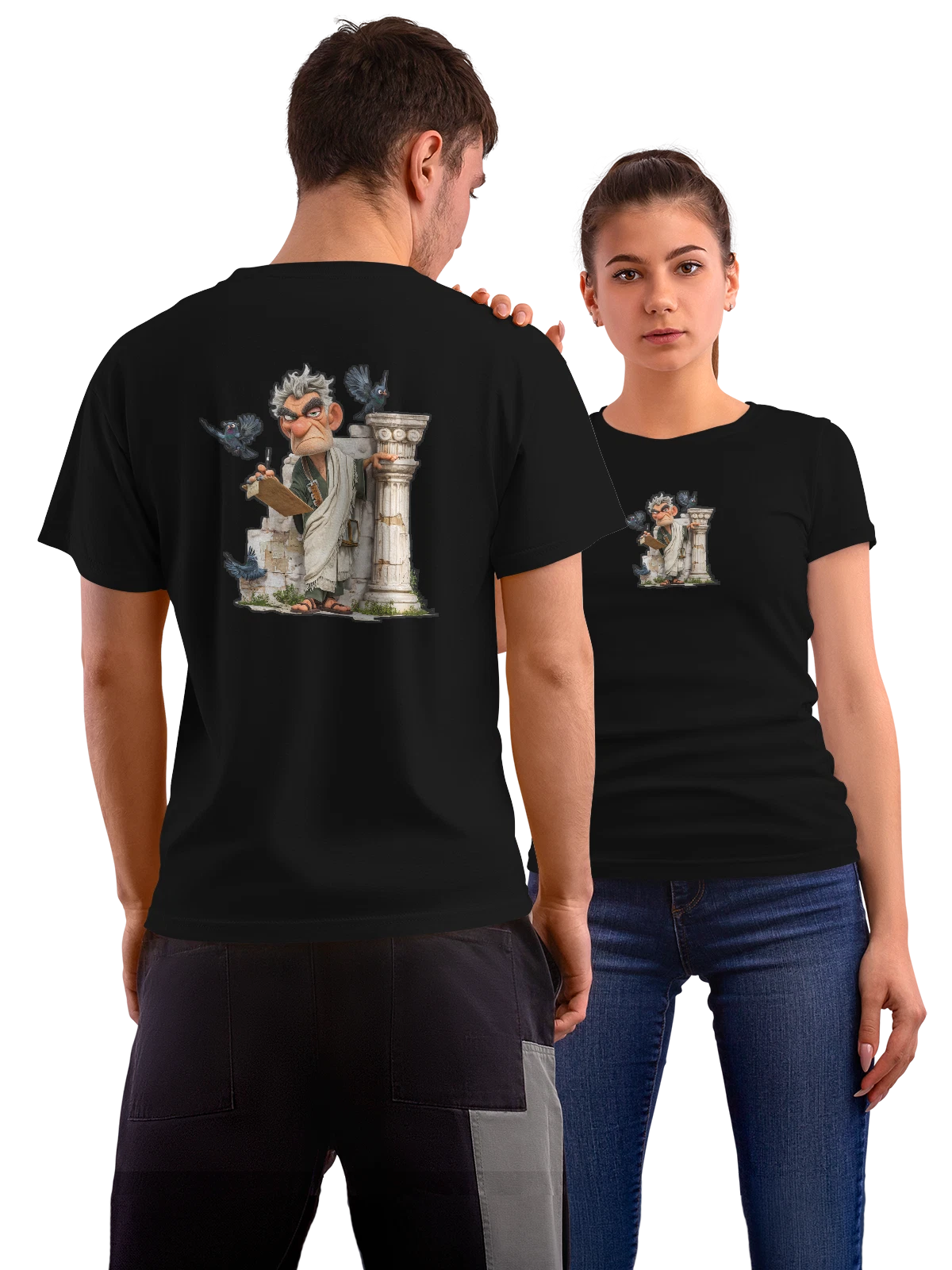 Футболка Сердитый старик с голубями у древних руин чёрная с принтом на спине — античные руины — Чёрная, фото 1