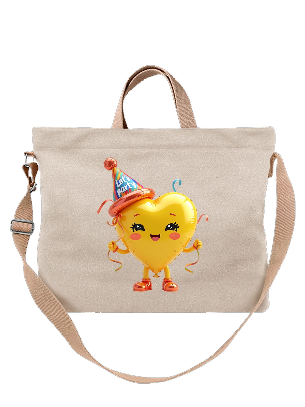 Сумка бежевая с принтом Сердце в праздничном колпаке с надписью — колпак на день рождения — Бежевая, фото 1