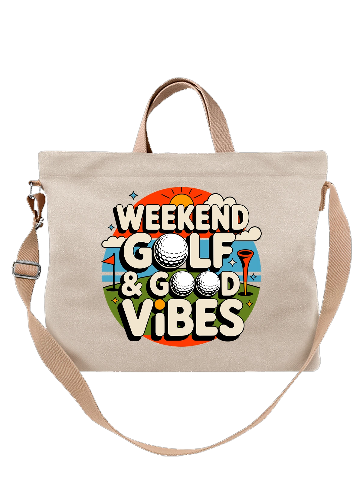 Сумка бежевая с принтом Weekend Golf Good Vibes с мячами и флажком — гольф дизайн — Бежевая, фото 1