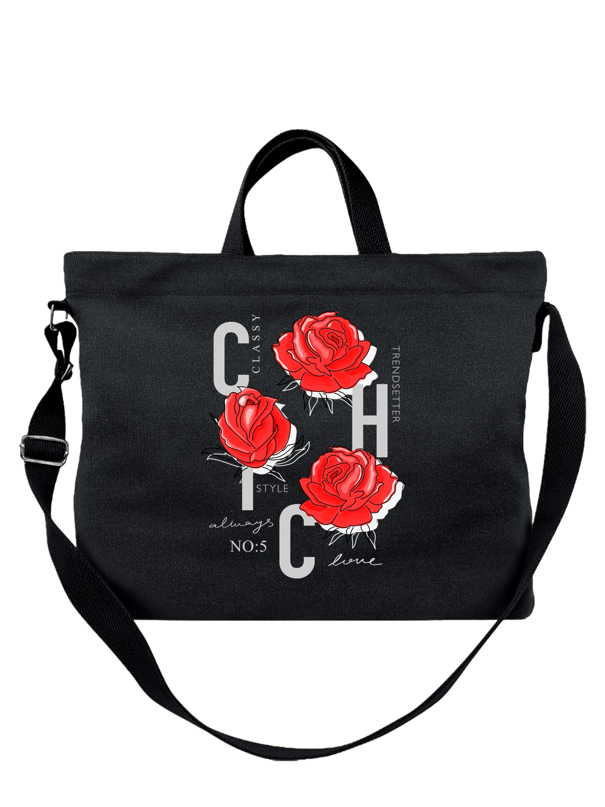 Сумка Розы с надписью classy style чёрная с принтом — флористика — Чёрная, фото 1