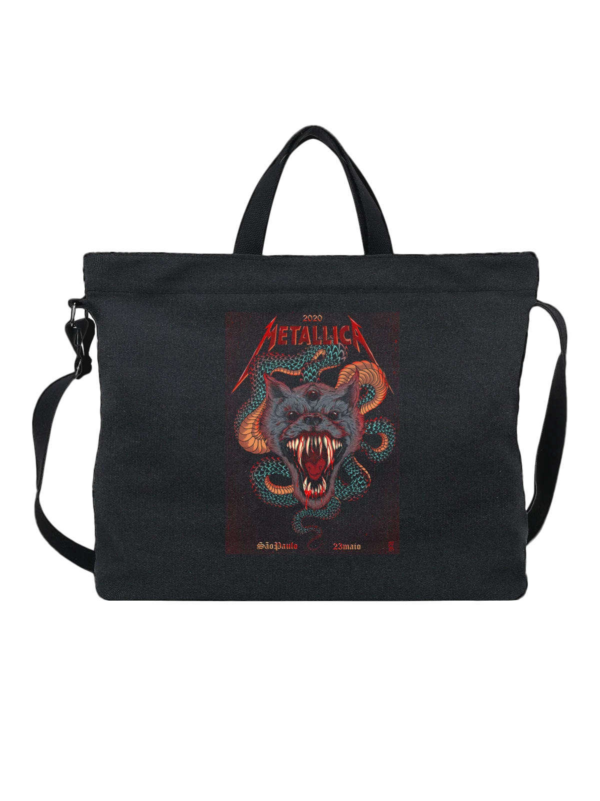 Сумка чёрная с принтом Metallica с кошачьей головой и змеями — metal band — Чёрная, фото 1