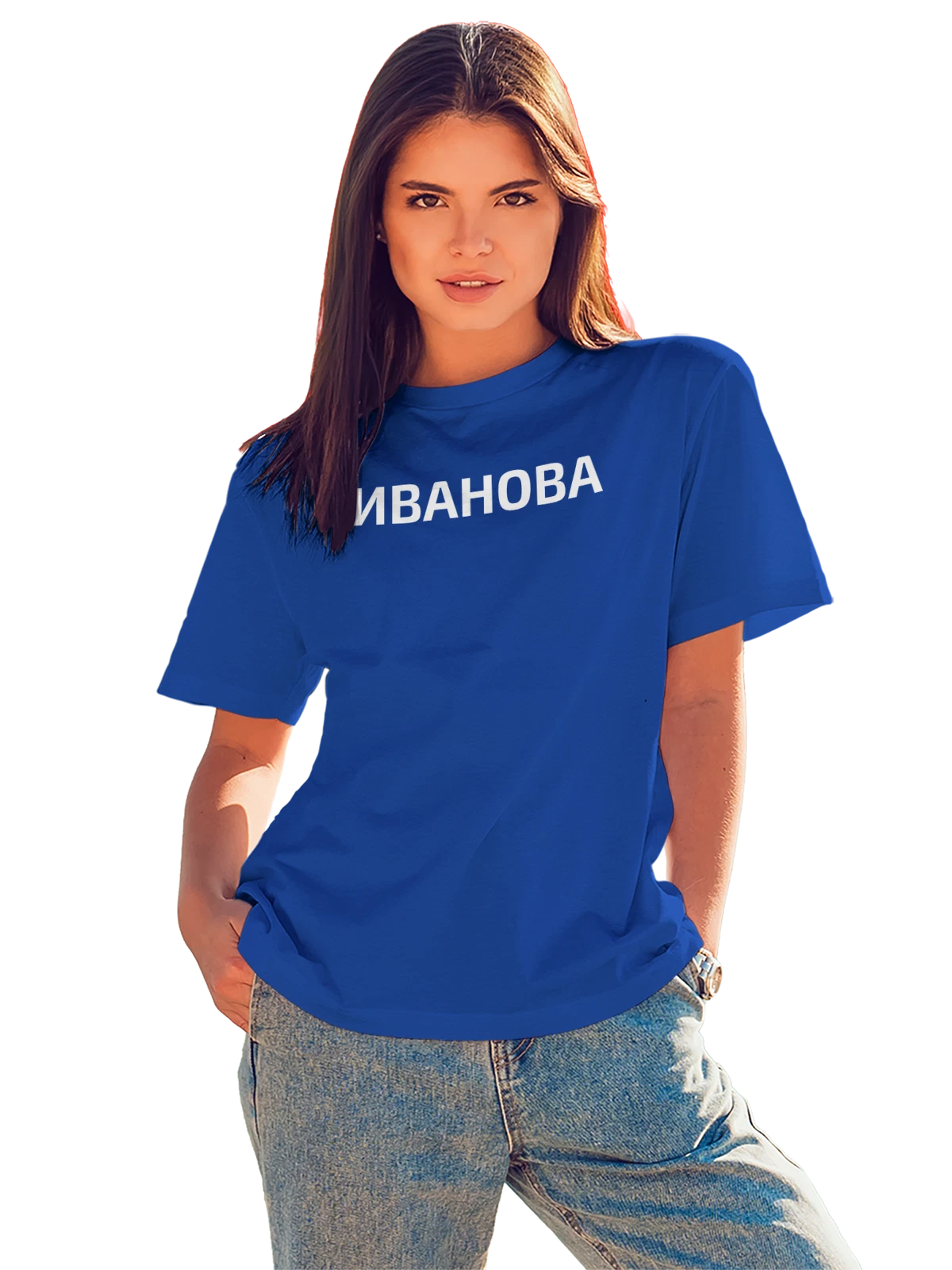 Футболка с фамилией Иванова синяя с принтом — индивидуальная надпись — Синяя, фото 1