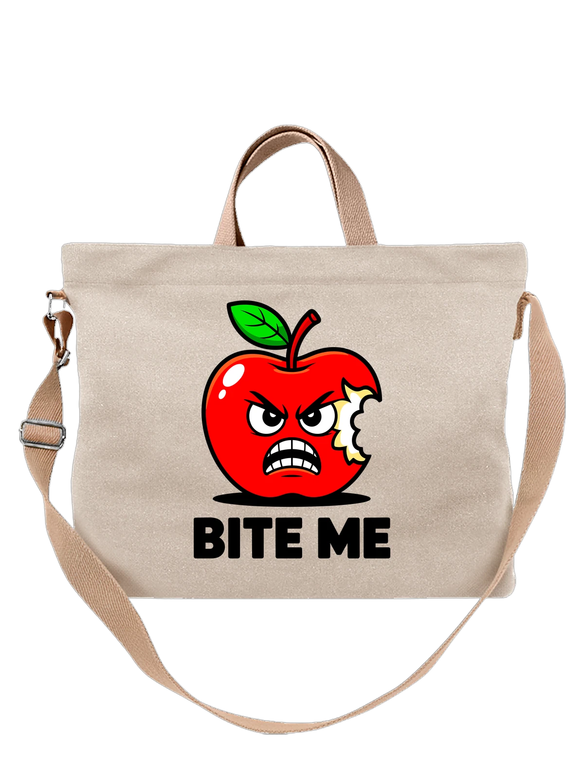 Сумка бежевая с принтом Злое красное яблоко с листом и зубами — cartoon apple — Бежевая, фото 1