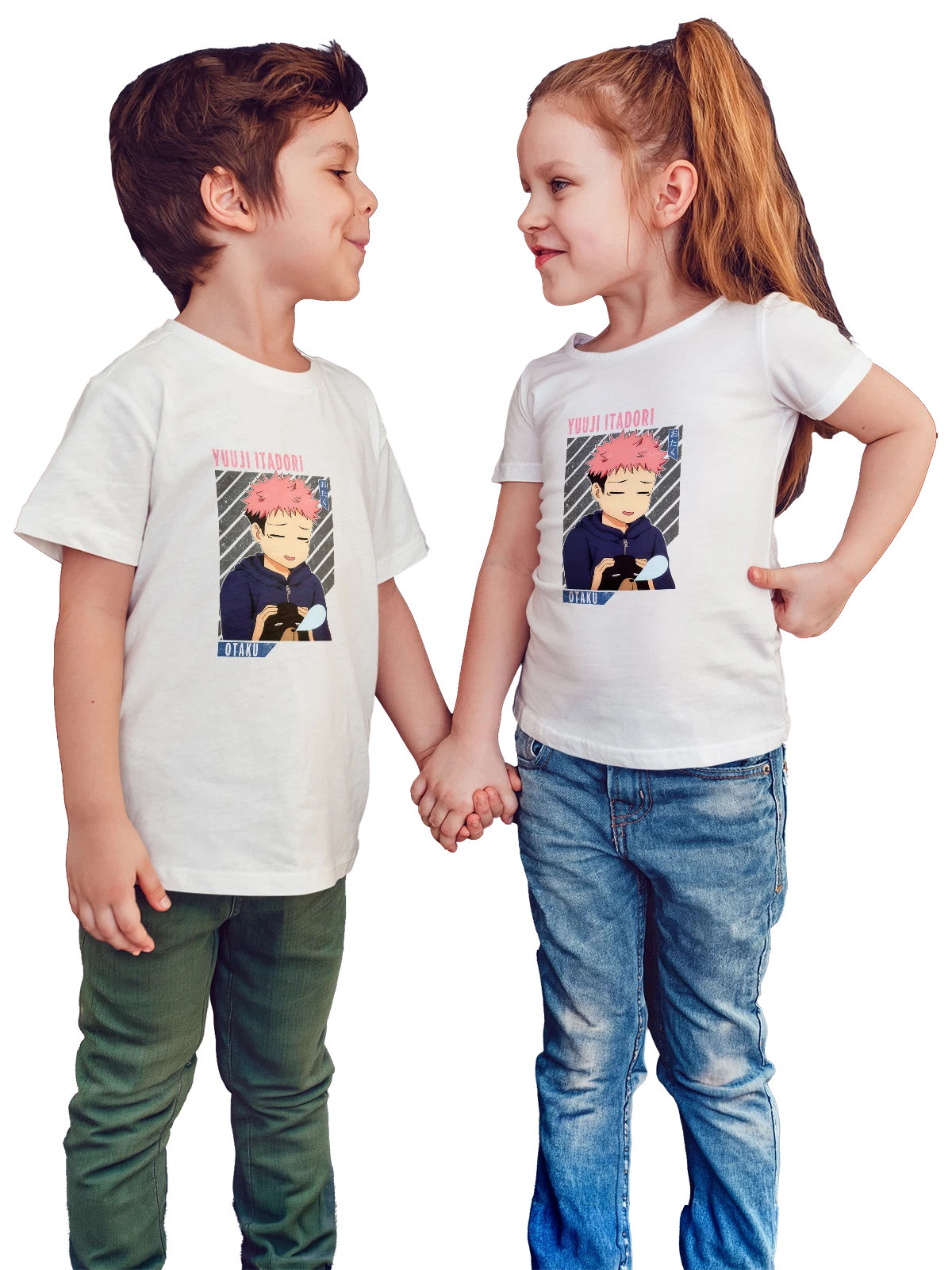 Футболка детская Итадори Юдзи с медвежонком Отаку белая с принтом — худи — Белая, фото 1