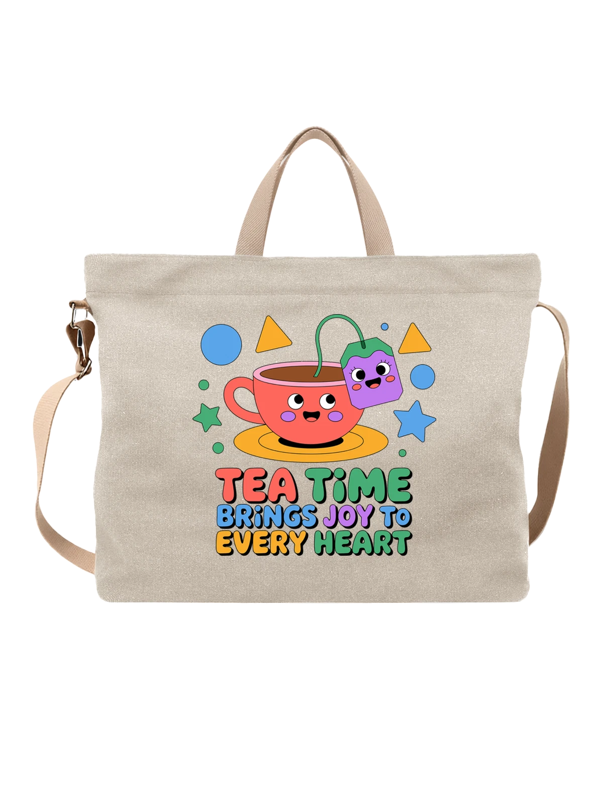 Сумка бежевая с принтом Чашка чая TEA TIME BRINGS JOY TO EVERY HEART — пакетик чая с лицом — Бежевая, фото 1
