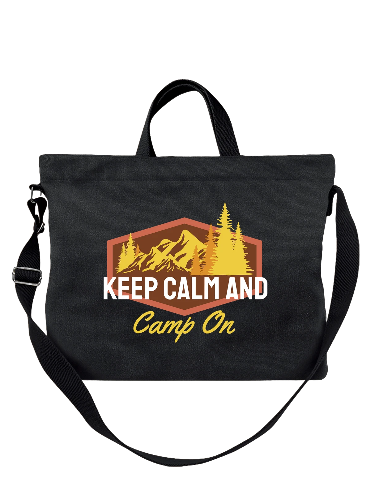Сумка чёрная с принтом Keep Calm с горным пейзажем и елями — силуэт гор — Чёрная, фото 1