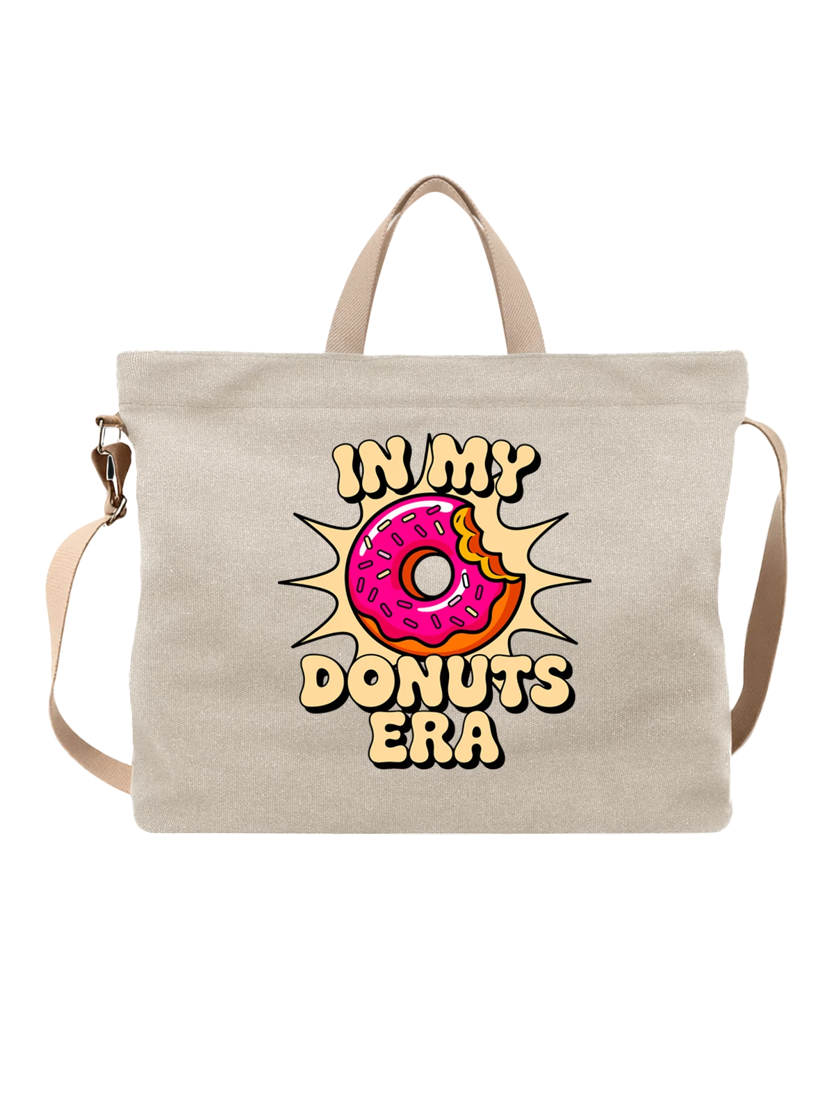 Сумка бежевая с принтом Пончик In My Donuts Era с надписью — пончик с посыпкой — Бежевая, фото 1
