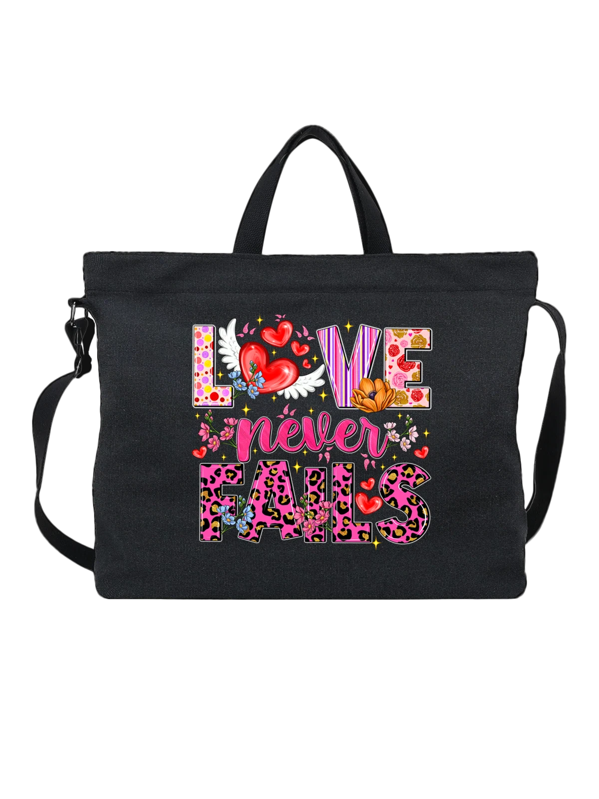 Сумка чёрная с принтом Love never fails сердца и цветы с крыльями — декоративный текст — Чёрная, фото 1
