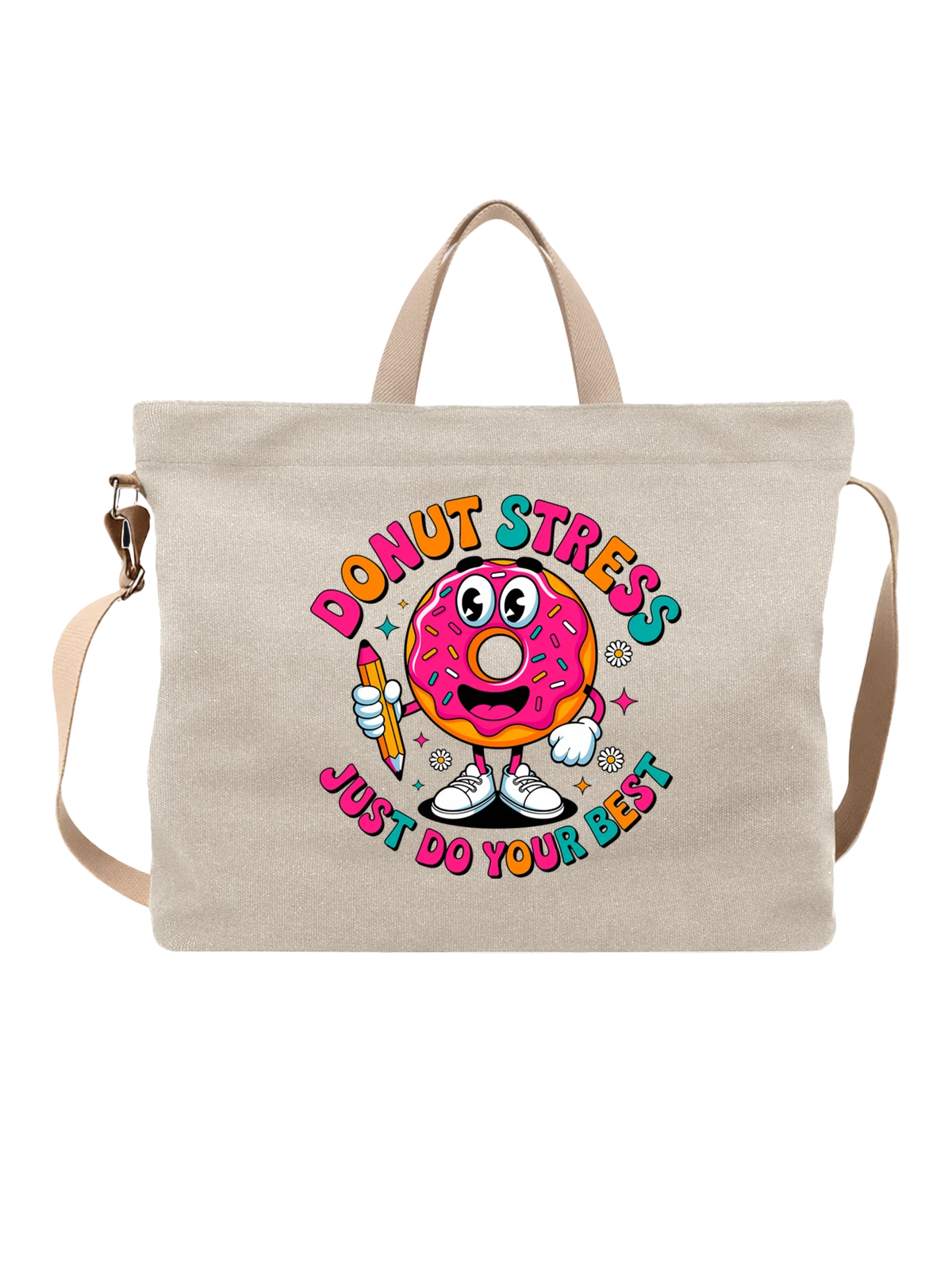 Сумка бежевая с принтом Пончик с надписью Donut Stress Just Do Your Best — Donut Stress Just Do Your Best — Бежевая, фото 1
