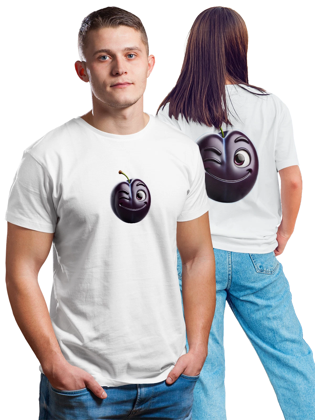 Футболка с подмигивающей фиолетовой сливой белая с принтом на спине — plum — Белая, фото 1