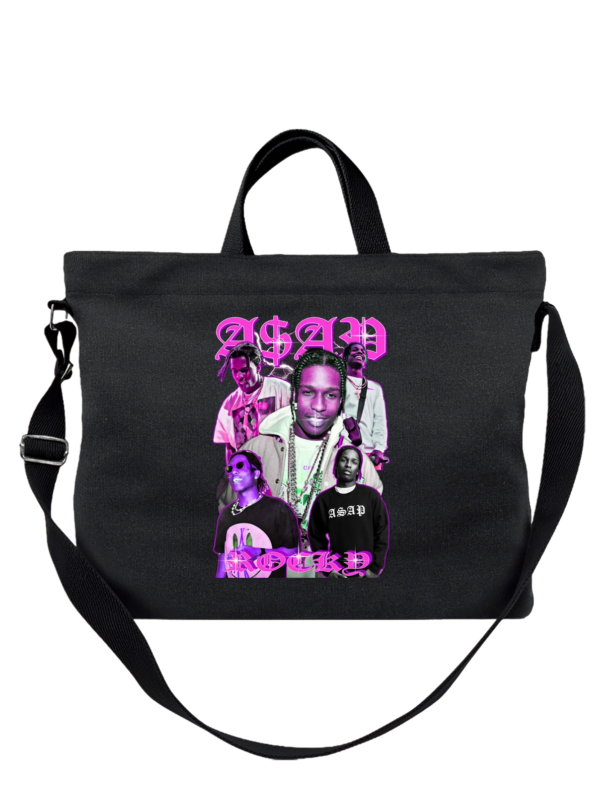 Сумка Рэп-исполнитель A$AP Rocky в неоновой графике чёрная с принтом — черный фон — Чёрная, фото 1