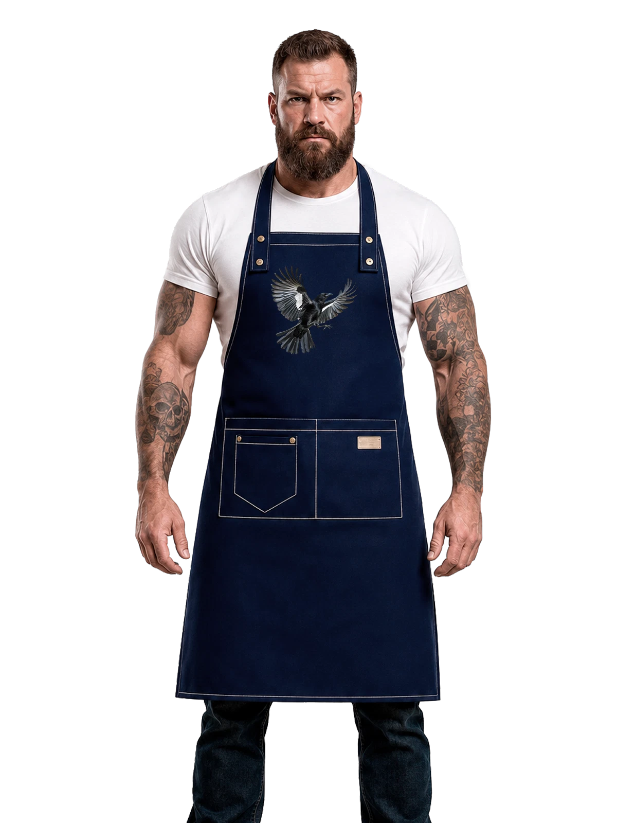 Фартук Черная ворона с расправленными крыльями синий с принтом — bird silhouette — Синяя, фото 1