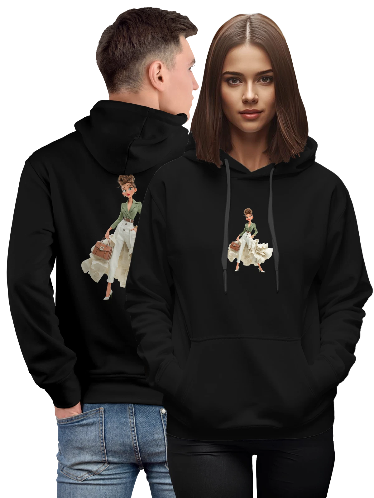 Худи Модная девушка с сумкой и пышной юбкой чёрное с принтом — иллюстрация девушки — Чёрная, фото 1