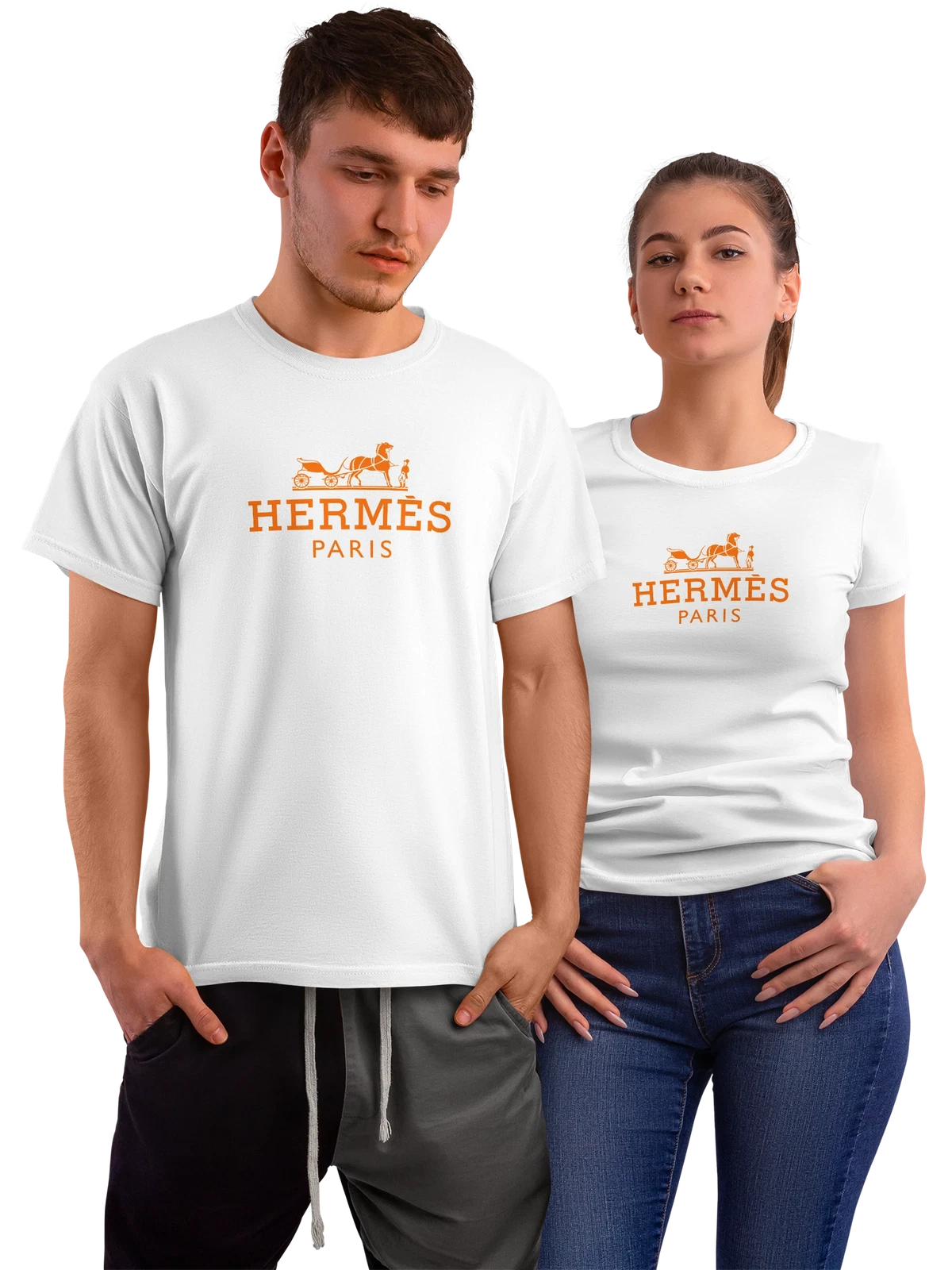 Футболка Hermes белая с принтом — одноцветный оранжевый принт — Белая, фото 1