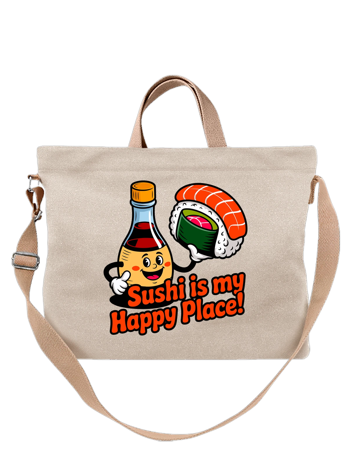 Сумка бежевая с принтом Бутылка соуса и суши ролл Sushi is my Happy Place — милый арт — Бежевая, фото 1