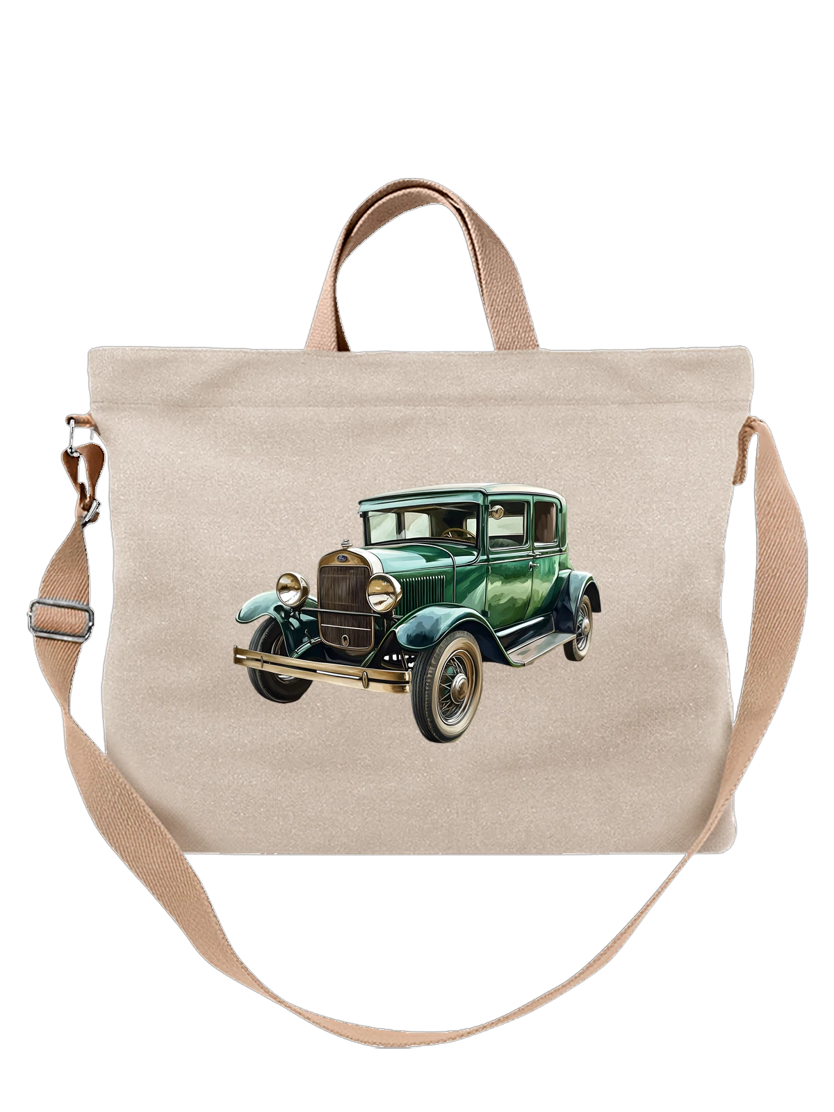 Сумка бежевая с принтом Ford Model A sedan 1929, зелёный ретро — высокий радиатор — Бежевая, фото 1
