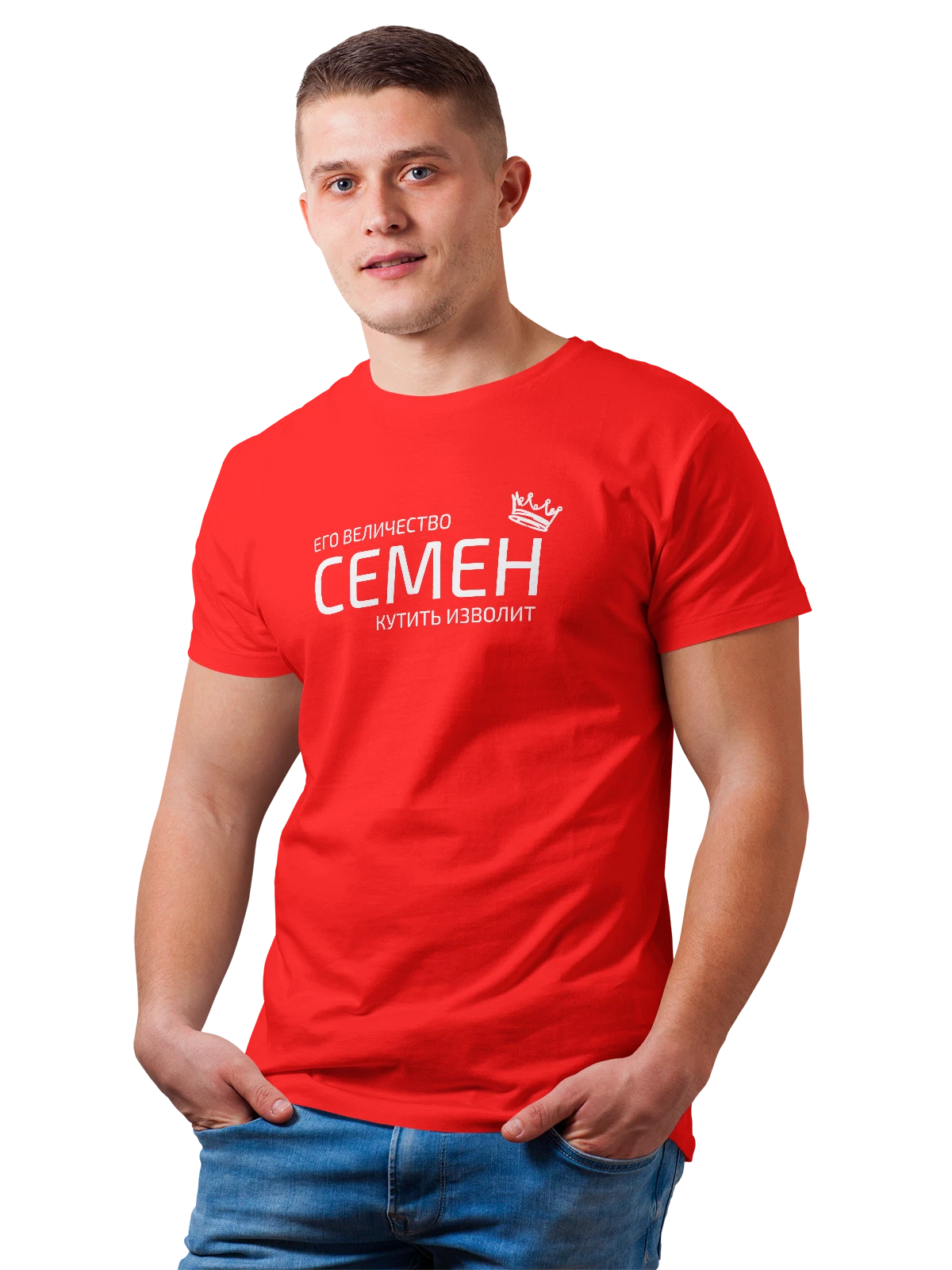 Футболка Имя Семён Сеня с короной красная с принтом — надпись с именем — Красная, фото 1