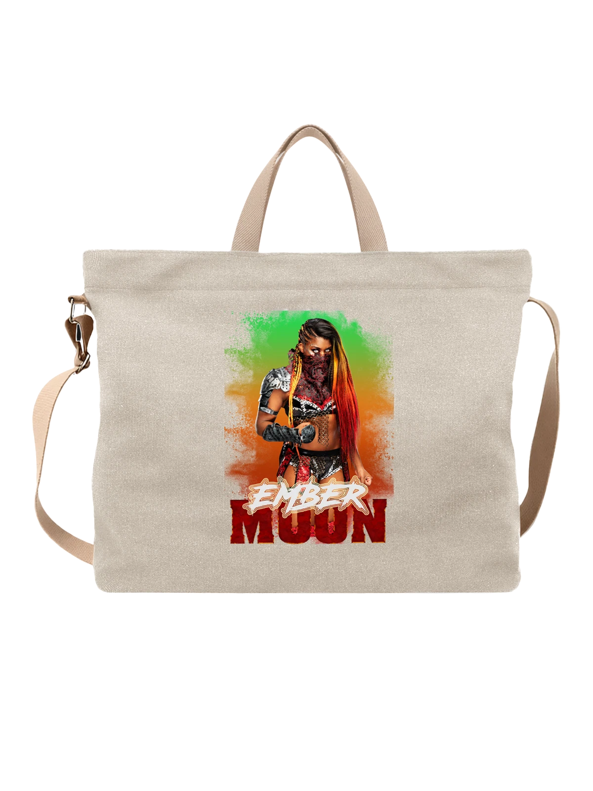 Сумка бежевая с принтом Рестлер Ember Moon в боевом образе WWE — маска на лице — Бежевая, фото 1
