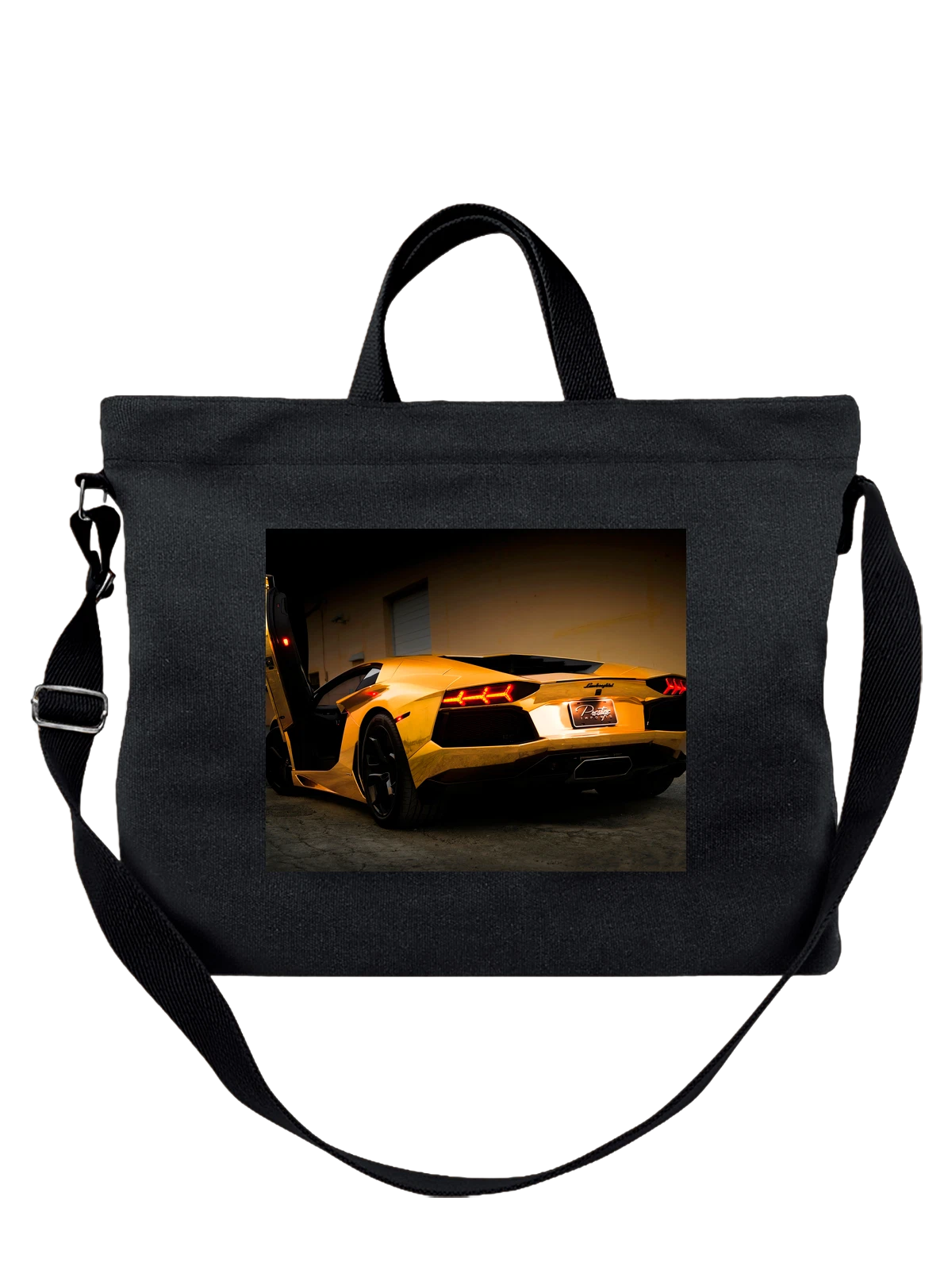 Сумка чёрная с принтом Машина Золотистая lamborghini — автоспорт — Чёрная, фото 1