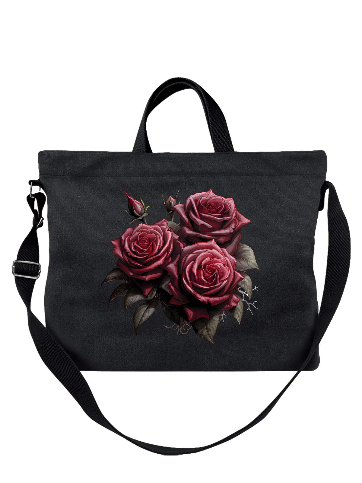 Сумка чёрная с принтом с red roses красных роз и бутонов — ботанический арт — Чёрная, фото 1