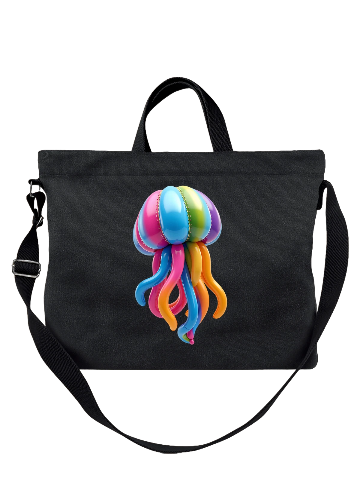 Сумка чёрная с принтом Яркий balloon octopus, 3D мультяшный — подводный мир — Чёрная, фото 1