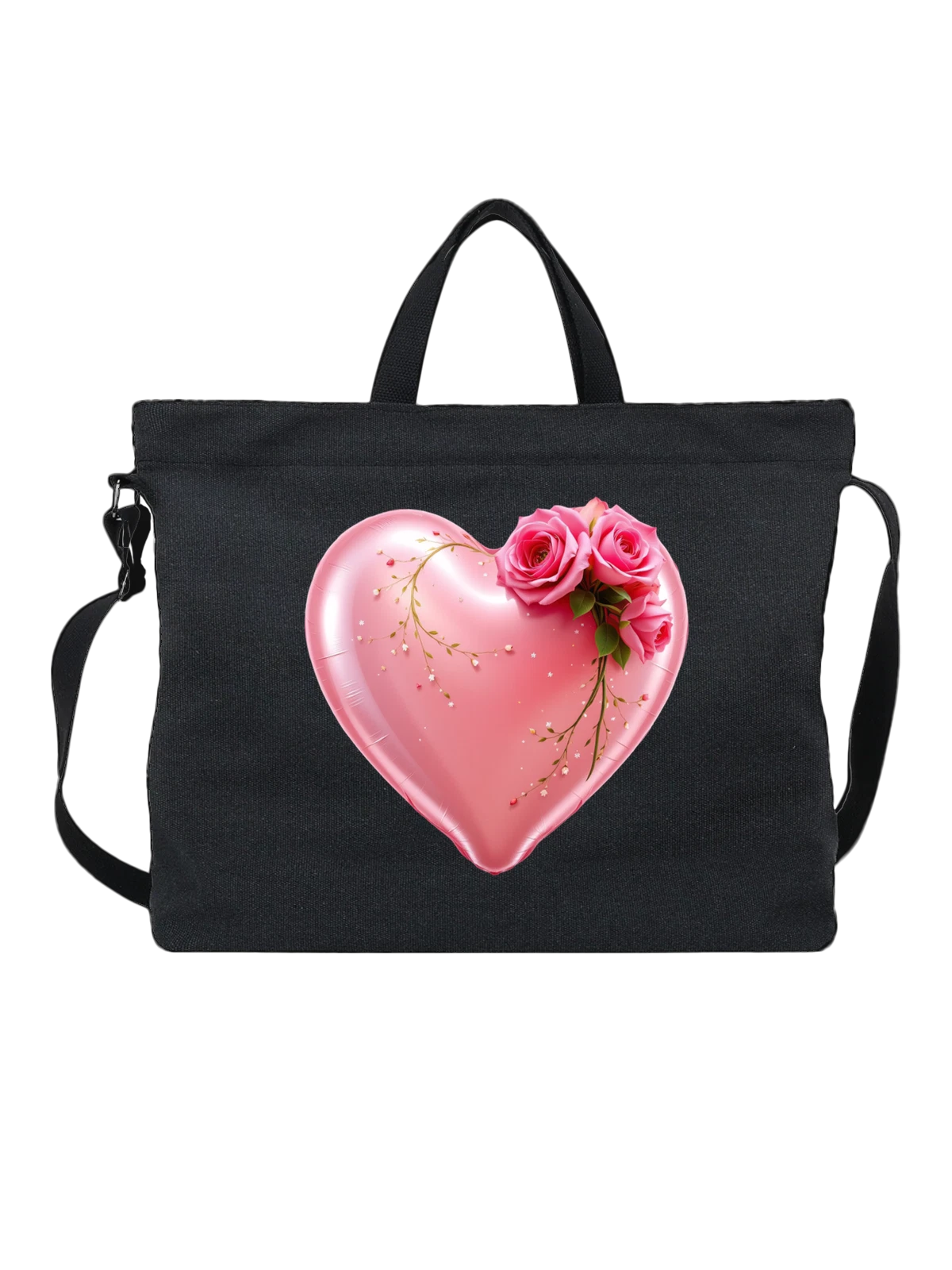 Сумка чёрная с принтом с розовым сердцем и розами — floral heart — Чёрная, фото 1