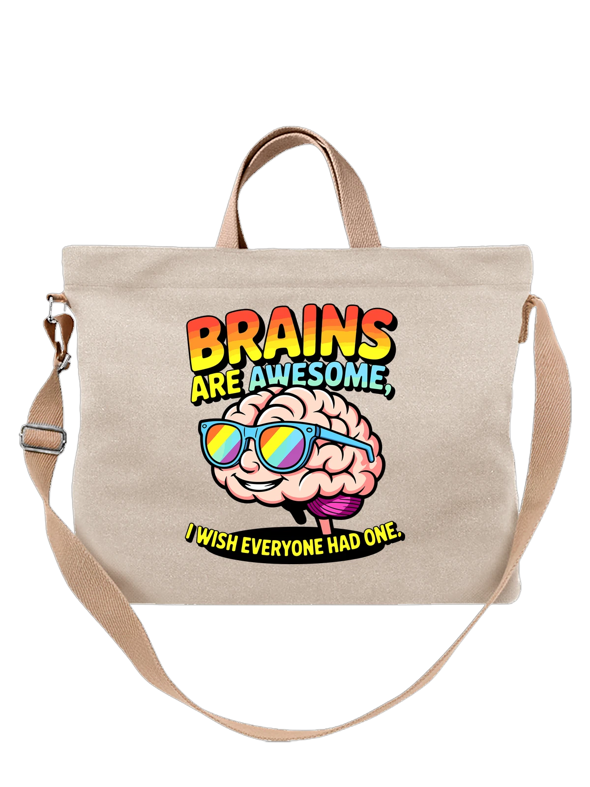 Сумка бежевая с принтом Brain with sunglasses, fun quote — cute doodle — Бежевая, фото 1