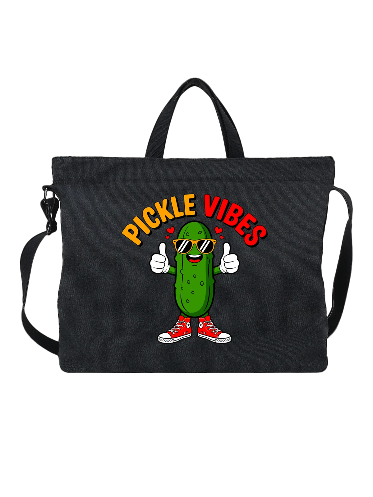 Сумка чёрная с принтом Огурец в очках и кедах Pickle Vibes — огурец с кедами — Чёрная, фото 1