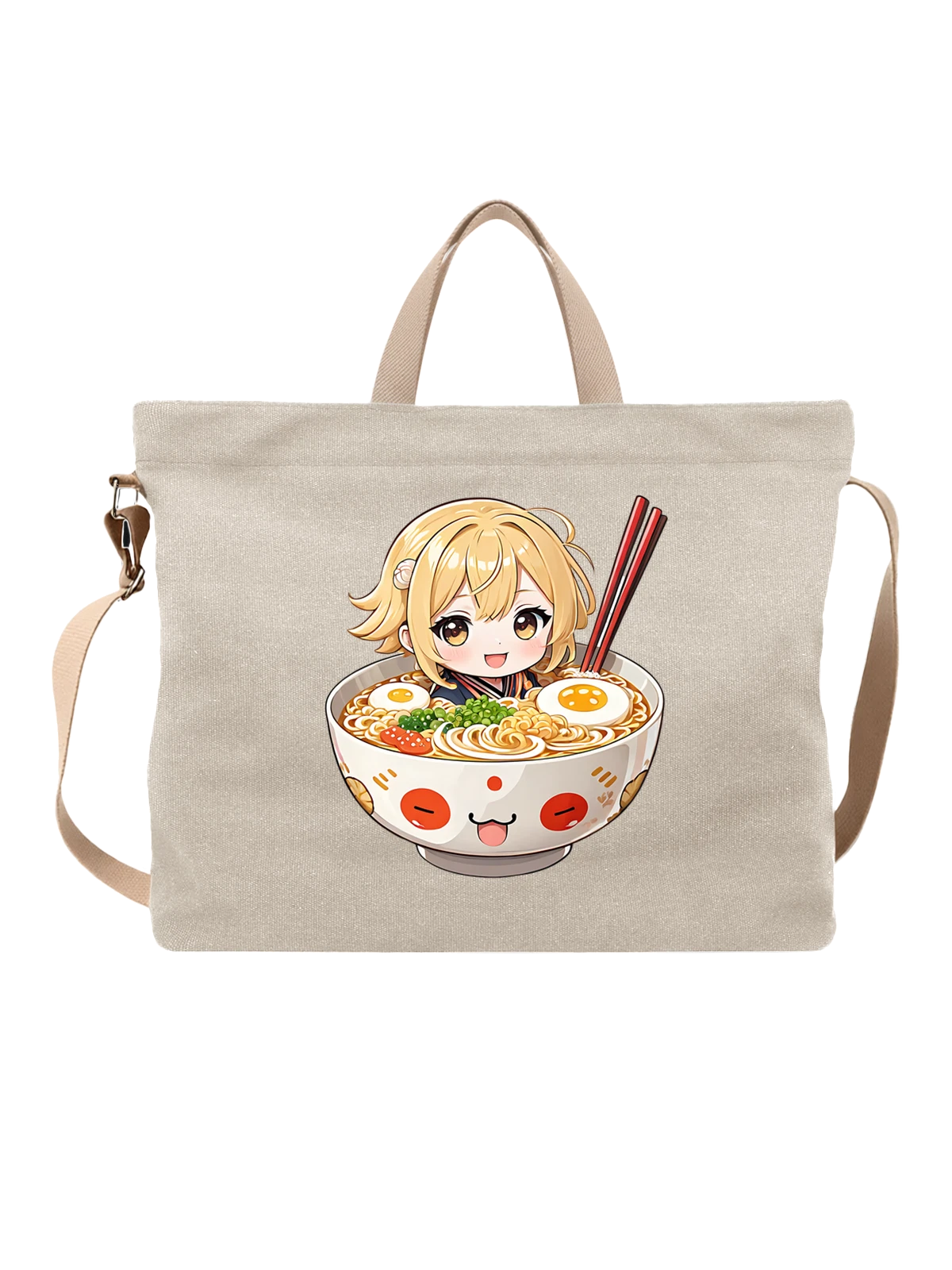 Сумка бежевая с принтом Чиби аниме девочка в чаше рамена — noodle bowl — Бежевая, фото 1