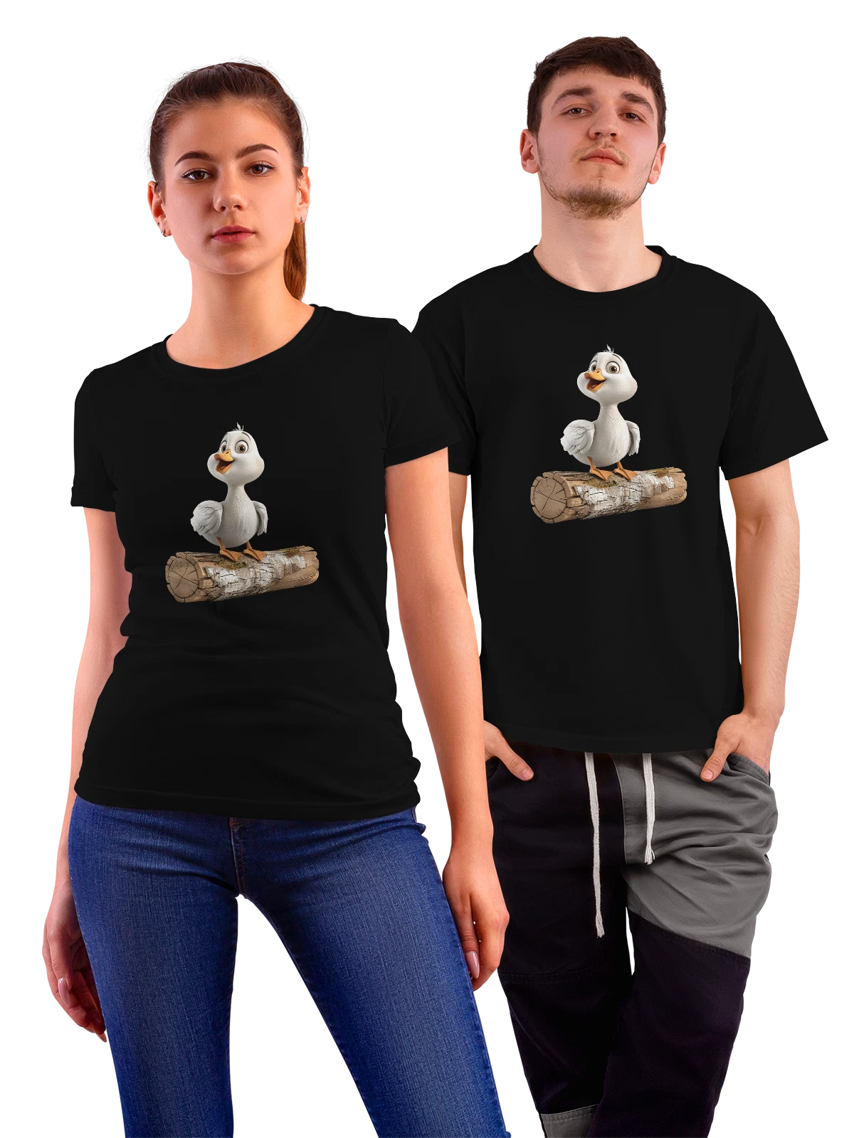 Футболка Белый утенок на деревянном бревне чёрная с принтом — животные — Чёрная, фото 1