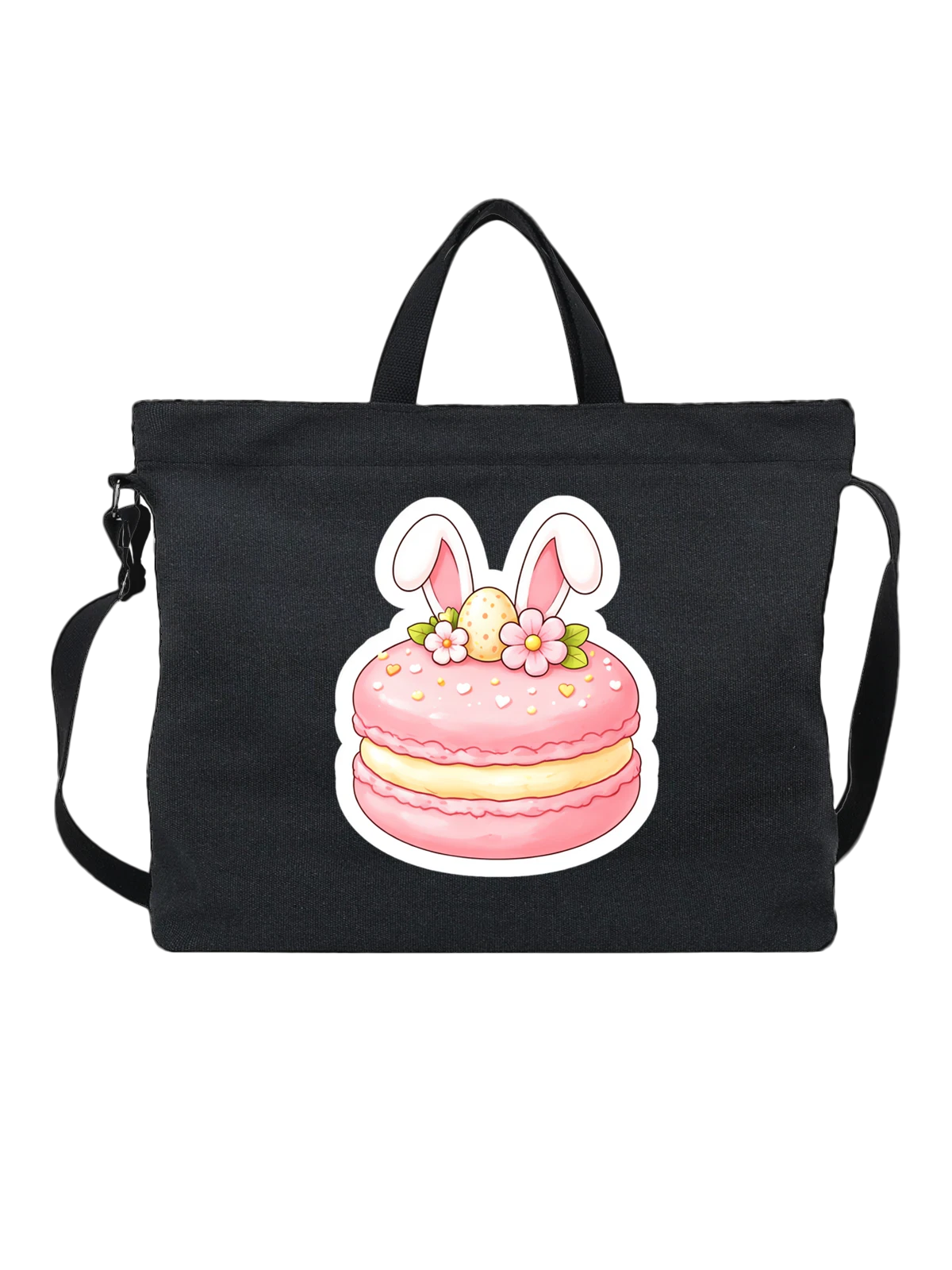 Сумка Bunny macaron с ушками зайца и цветами чёрная с принтом — кремовая начинка — Чёрная, фото 1