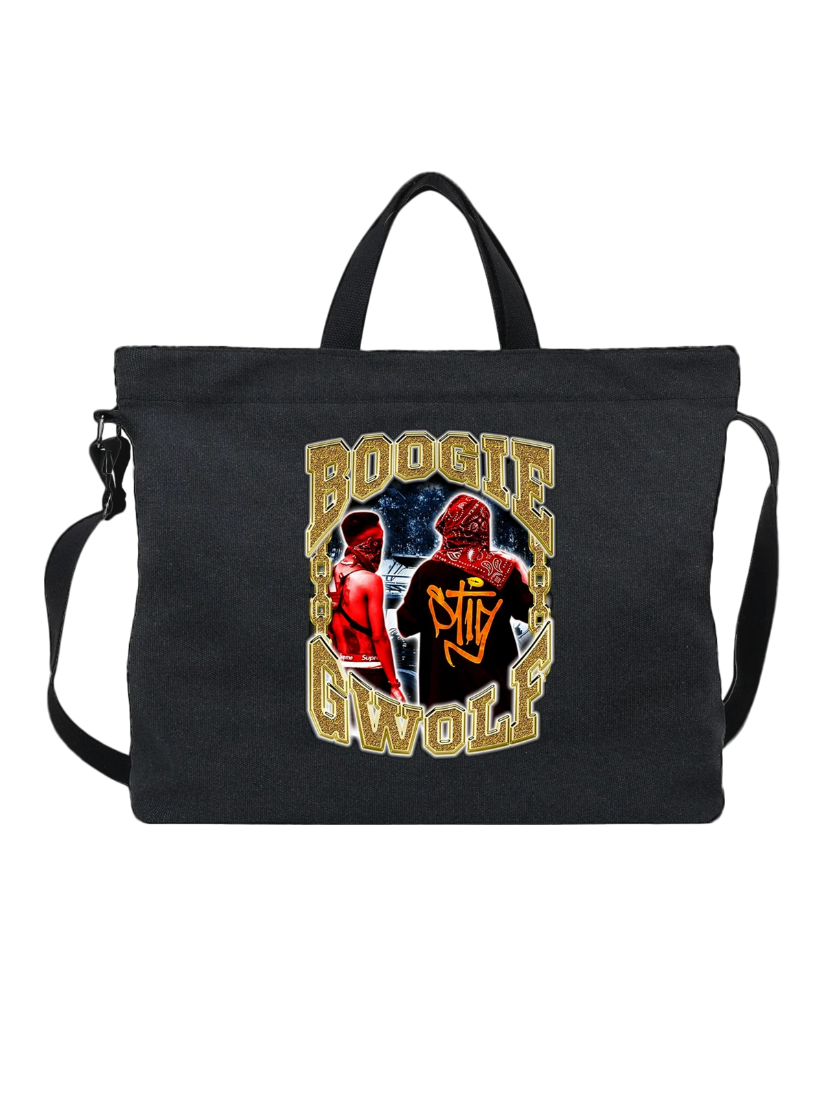 Сумка чёрная с принтом Boogie с двумя людьми в красных банданах — ночное небо — Чёрная, фото 1