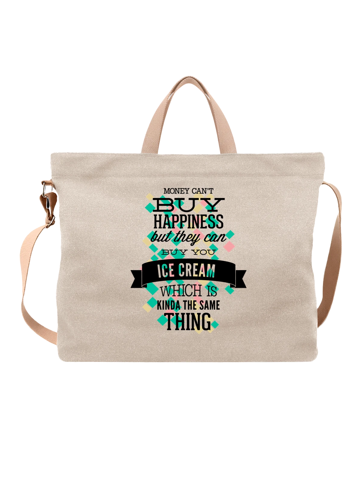 Сумка Надпись money cant buy happiness белая с принтом — подарок с юмором — Белая, фото 1