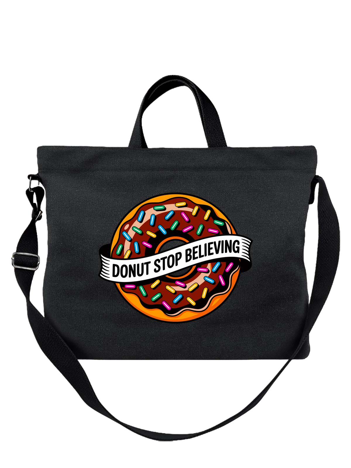Сумка чёрная с принтом Пончик с надписью Donut Stop Believing — иллюстрация — Чёрная, фото 1