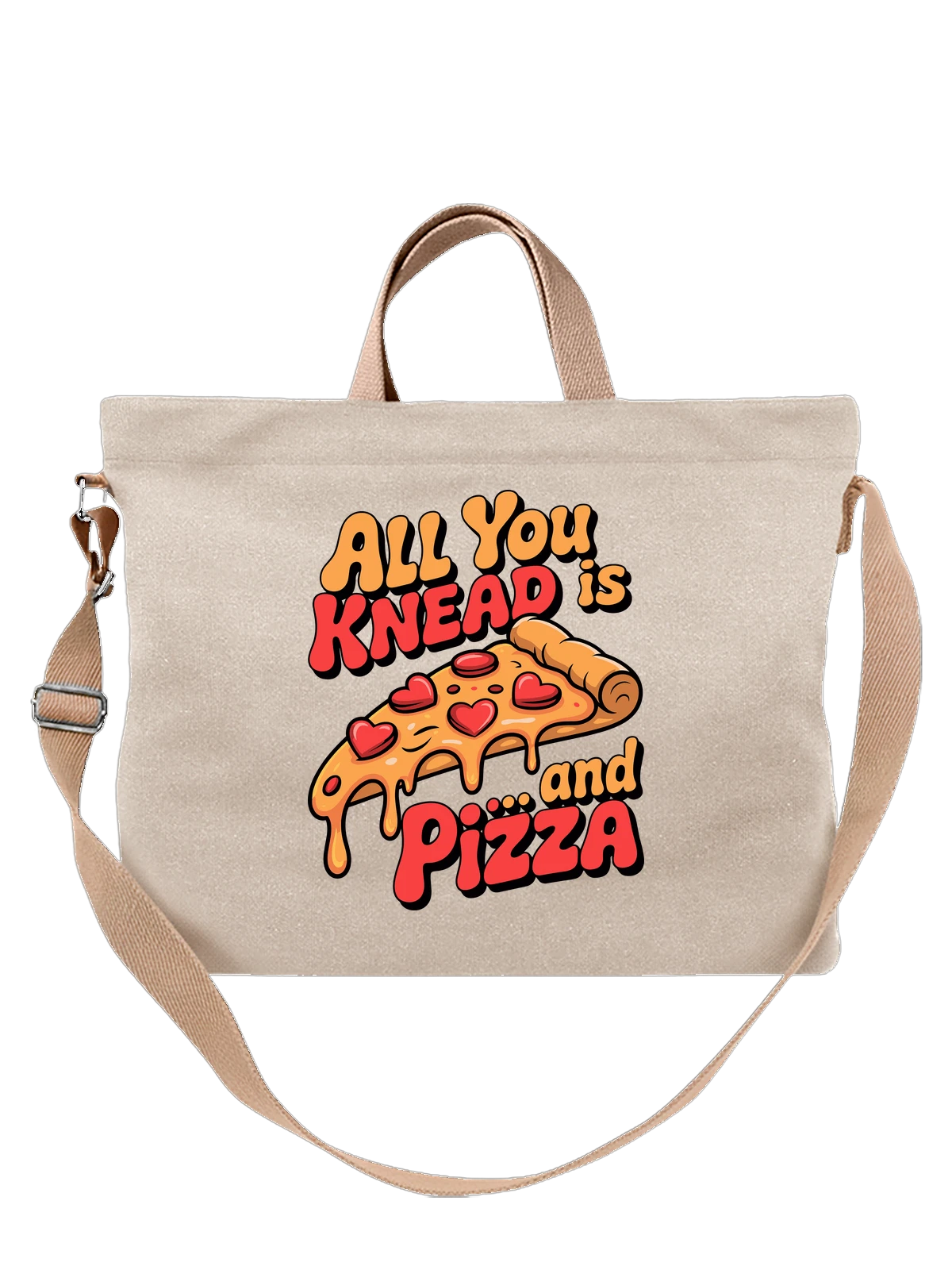 Сумка бежевая с принтом с пиццей сердцами и надписью All You KneaD Pizza — пицца с сыром — Бежевая, фото 1