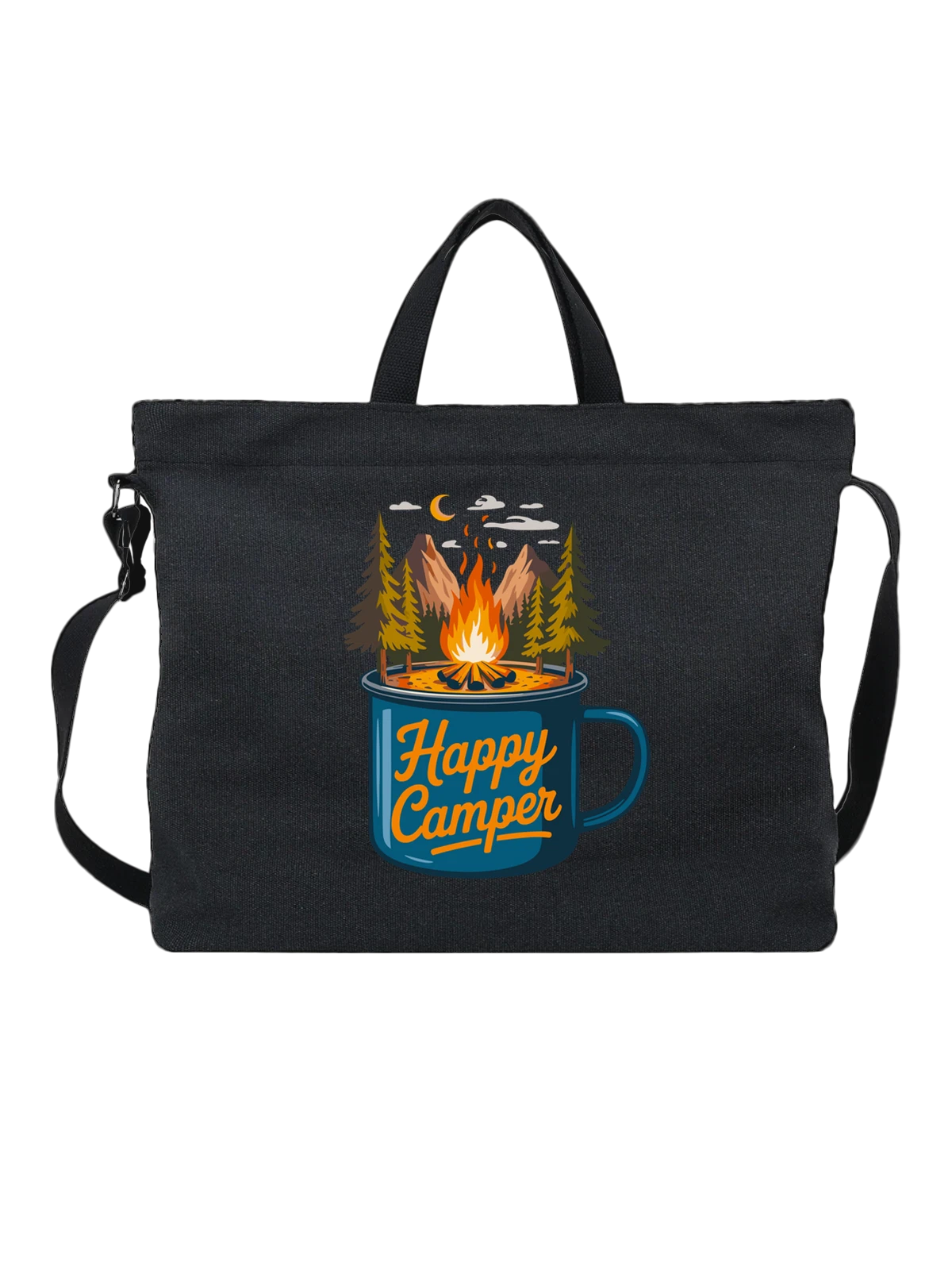Сумка чёрная с принтом Кружка с костром и надписью Happy Camper — горы — Чёрная, фото 1