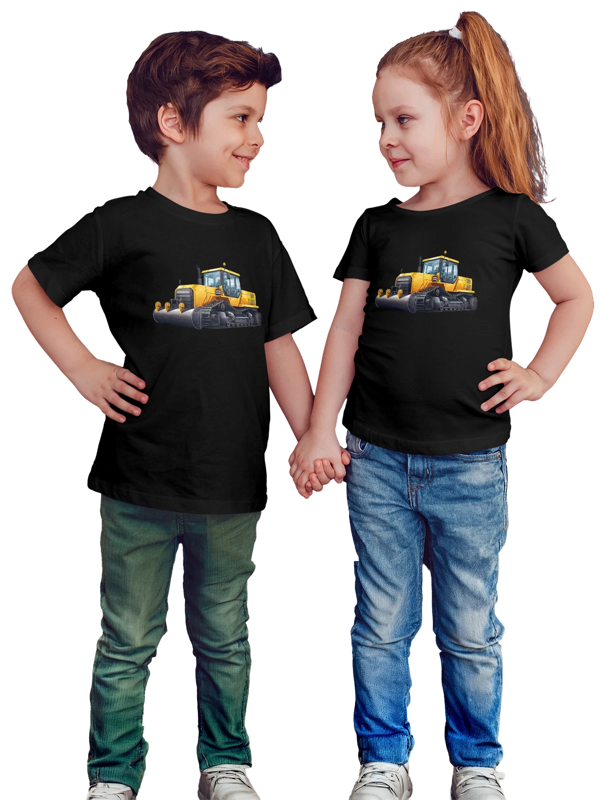 Футболка детская Желтый гусеничный дорожный каток чёрная с принтом — дорожные работы — Чёрная, фото 1
