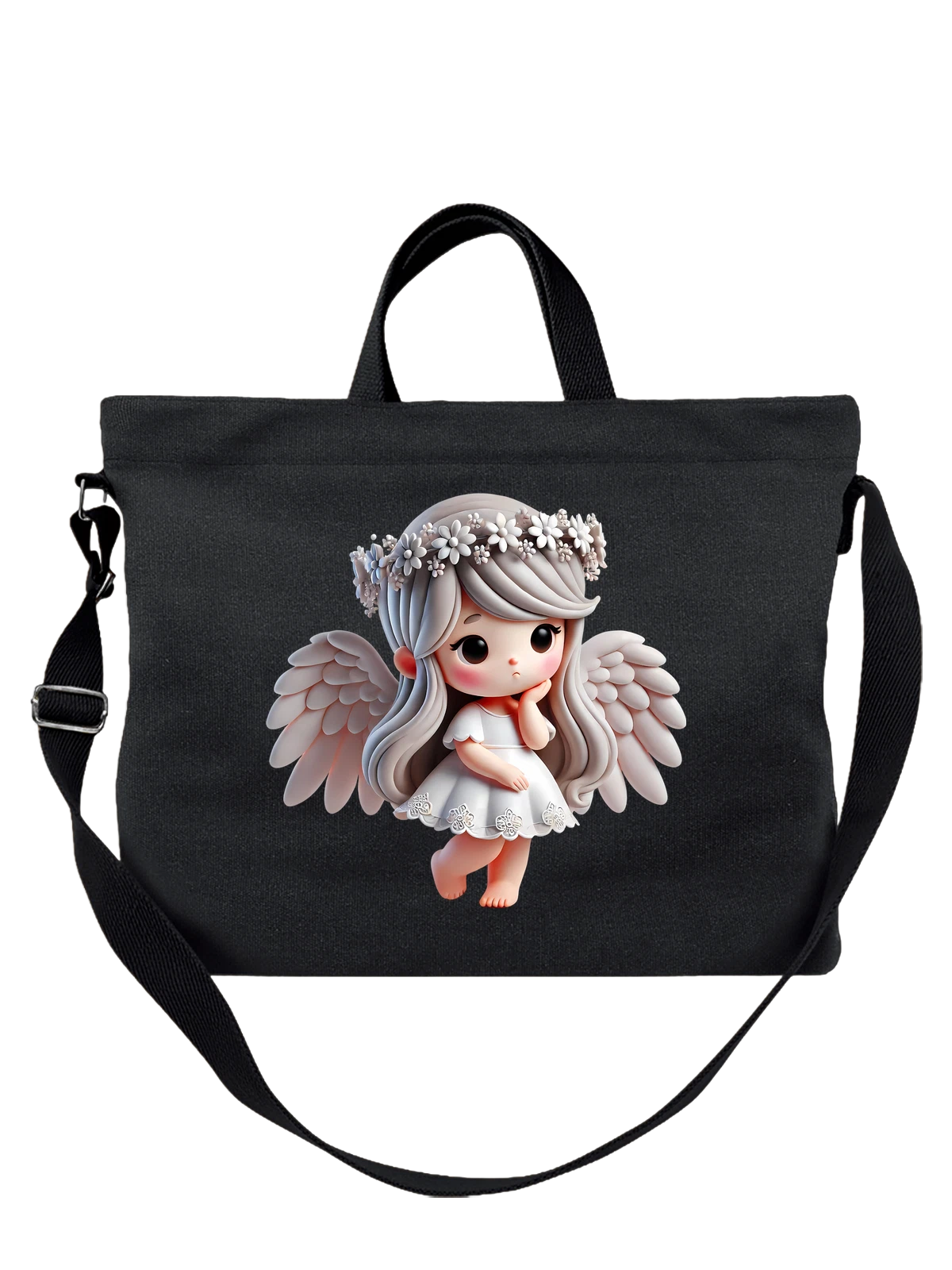 Сумка Girl angel в белом платье с крыльями чёрная с принтом — flower crown — Чёрная, фото 1
