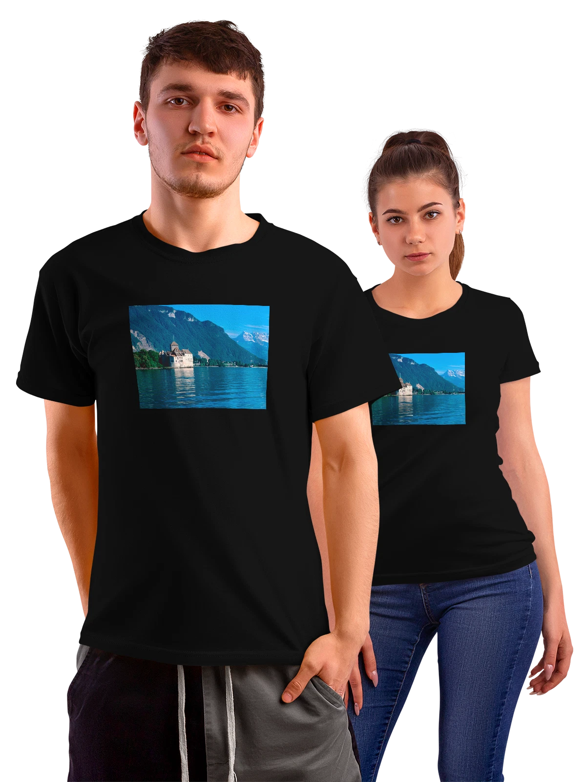 Футболка Страна стильная Chateau Chillon Lake Geneva чёрная с принтом — достопримечательность — Чёрная, фото 1