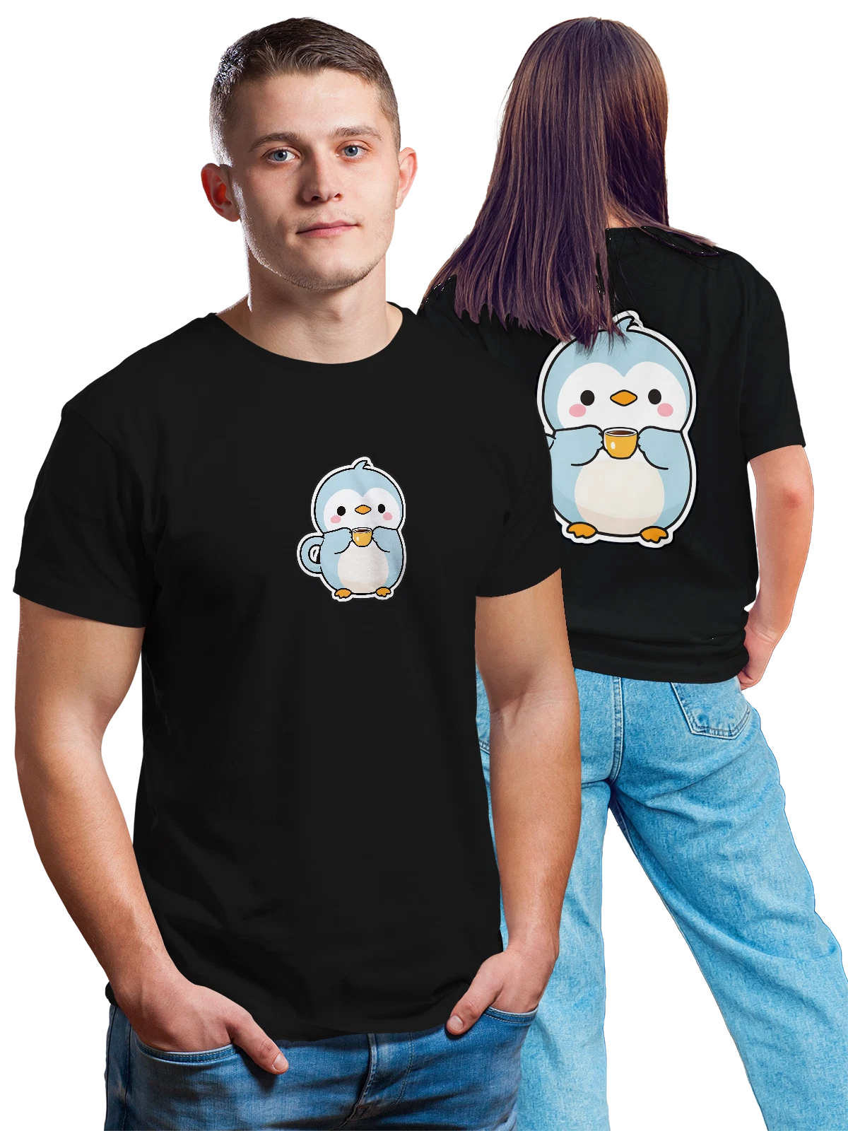 Футболка Милый пингвин с чашкой кофе чёрная с принтом на спине — kawaii penguin — Чёрная, фото 1