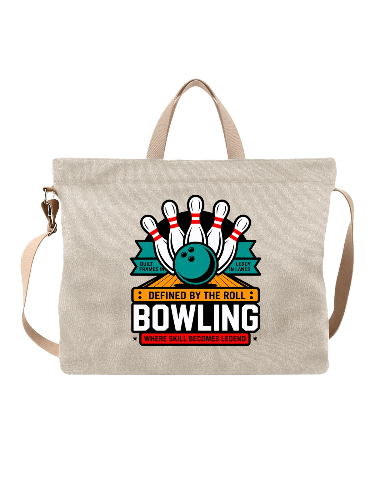 Сумка бежевая с принтом Боулинг с кеглями и шаром надписью BOWLING — игра — Бежевая, фото 1